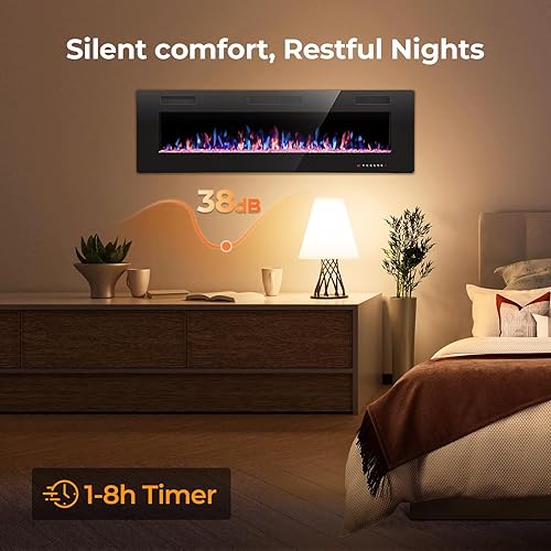 Vista 14 de Insertos de chimenea eléctrica de 50 pulgadas, empotrados en la pared y montados en la pared, calentador ultrafino con temporizador, efecto de llama