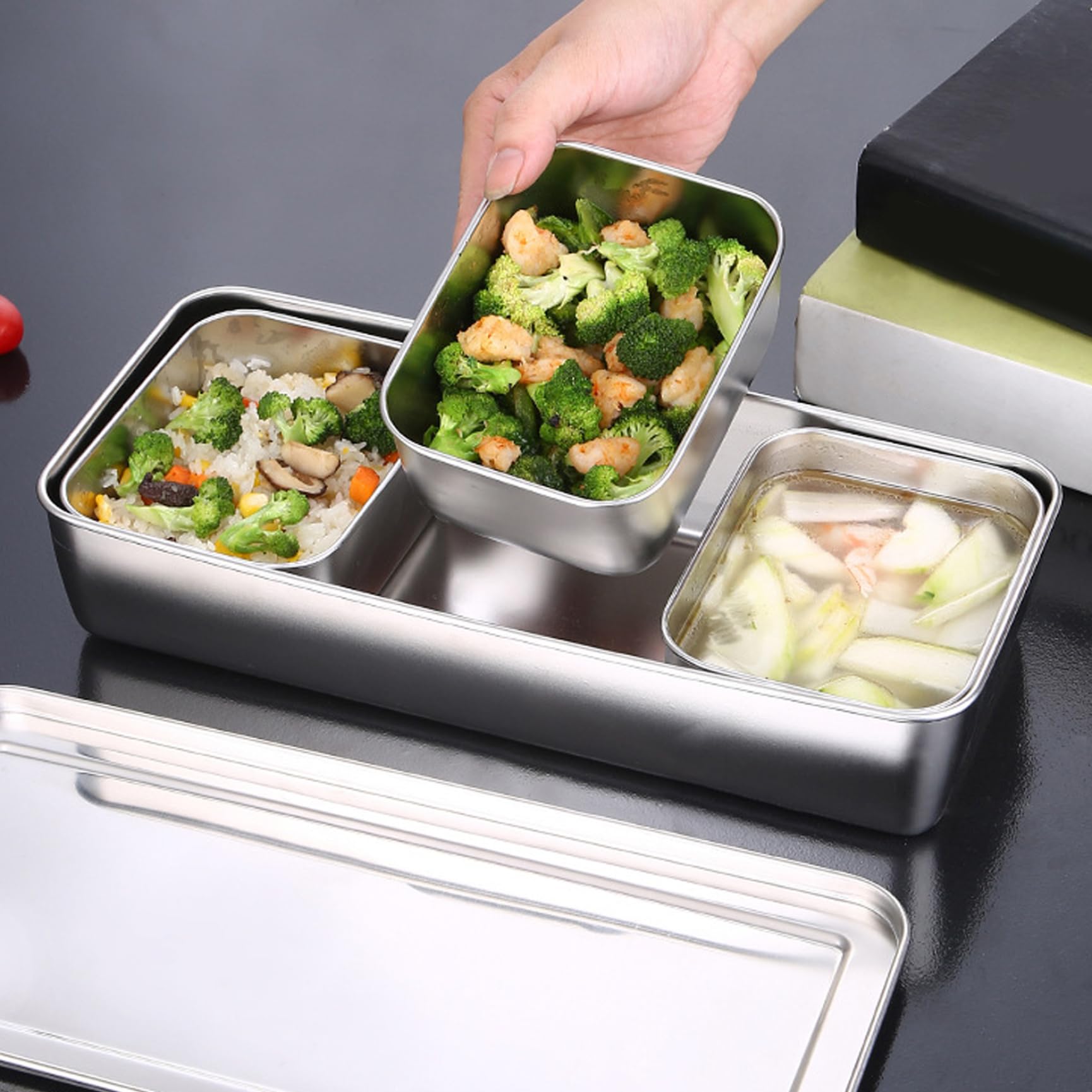Boîte d'assaisonnement en Acier Inoxydable 3 Compartiments Conteneurs d'assaisonnement avec Couvercle Condiment Lavable détachable et boîte à épices pour la Cuisine, conteneurs