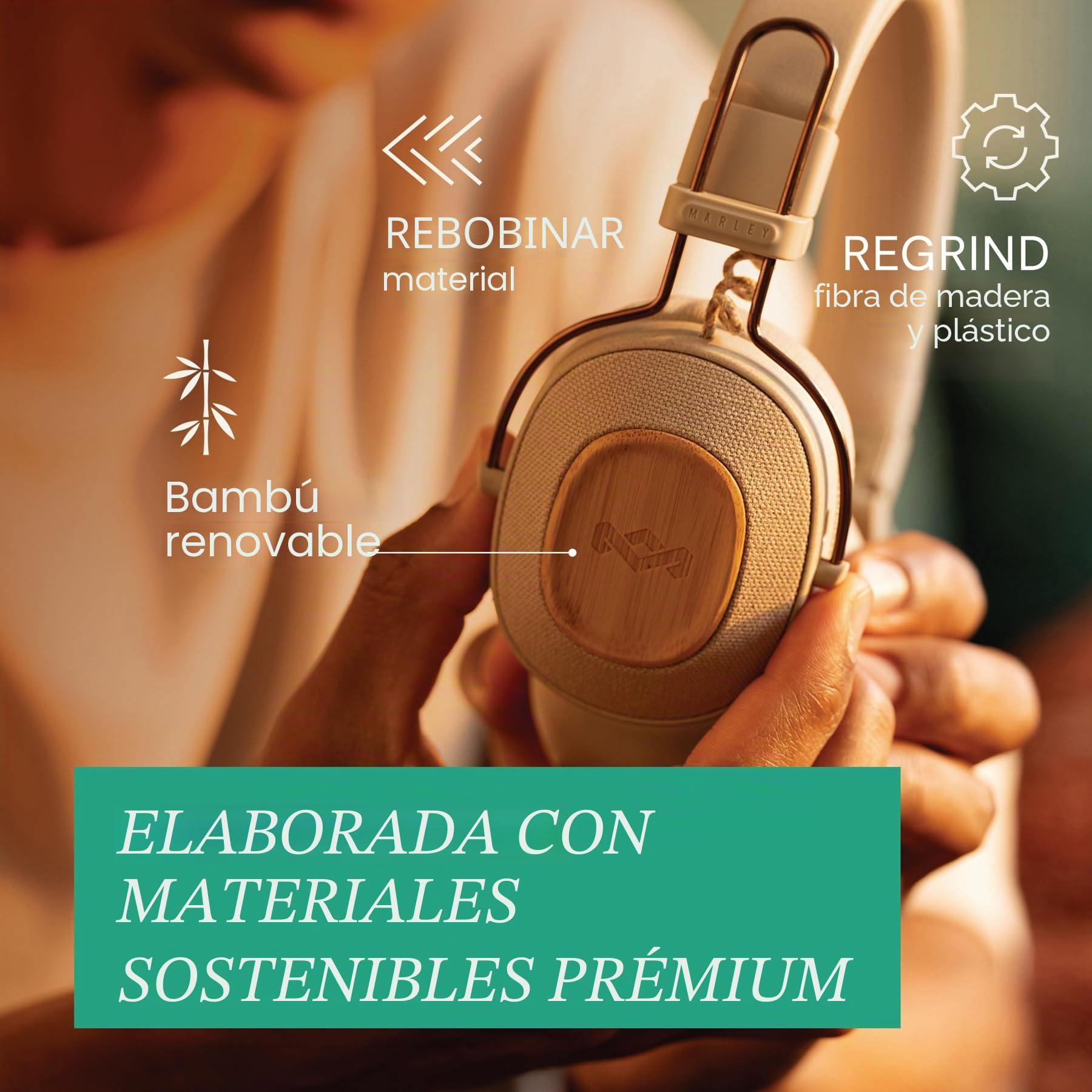House of Marley Positive Vibration Riddim Auriculares On-Ear - Crema | Inalámbricos Bluetooth, 50h de Reproducción, Plegables con Micrófono, Carga Rápida USB-C, Materiales Sostenibles