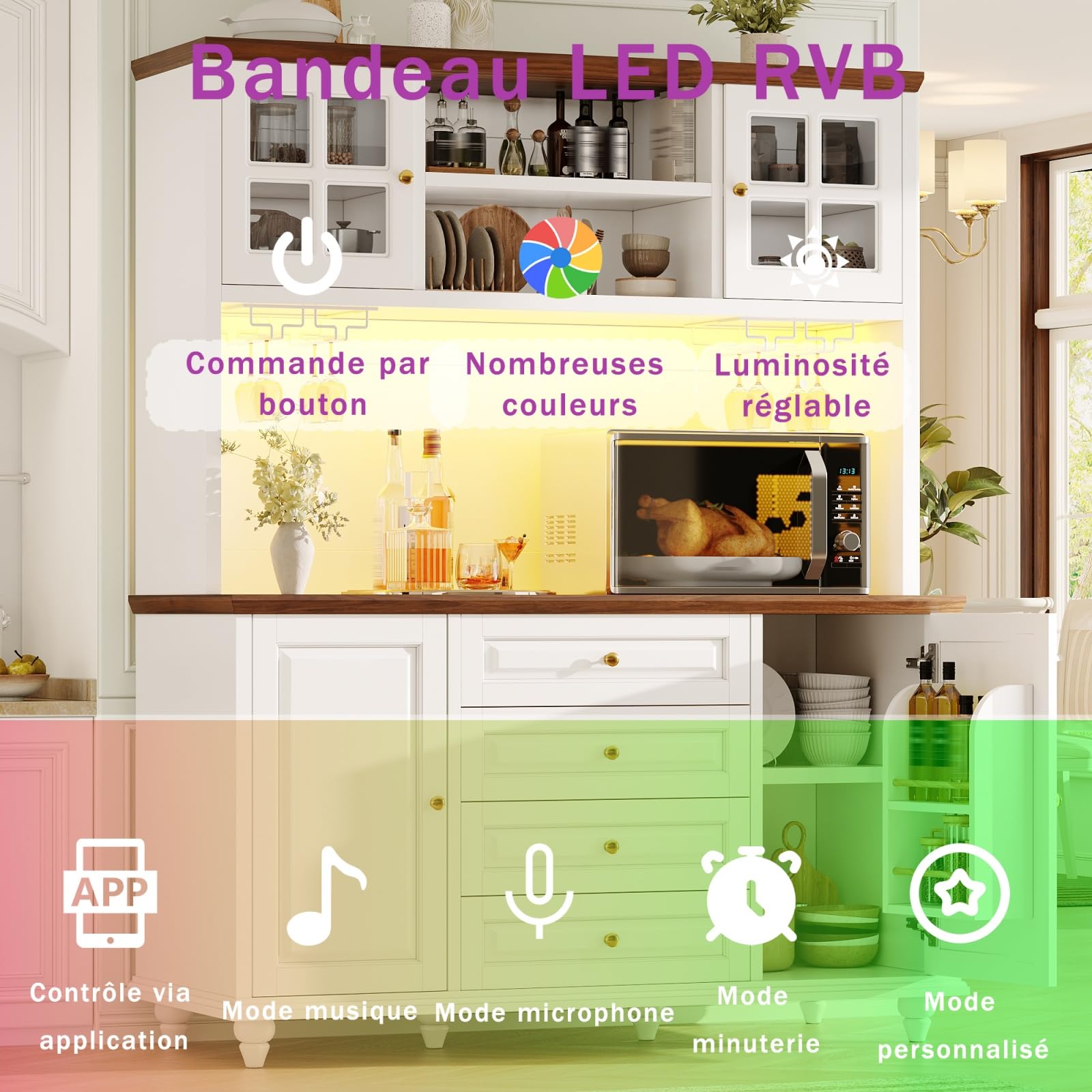 Meuble Cuisine avec Éclairage LED et Plan de Travail, Buffet Haut Cuisine