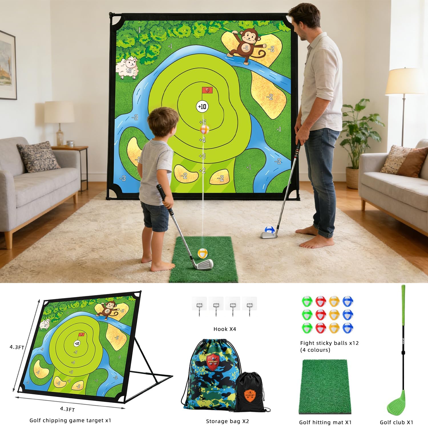 Golf Chipping Practice Game 52" x 52" Indoor Outdoor Games for Adult Kids and Family Golfer Training Set with Club