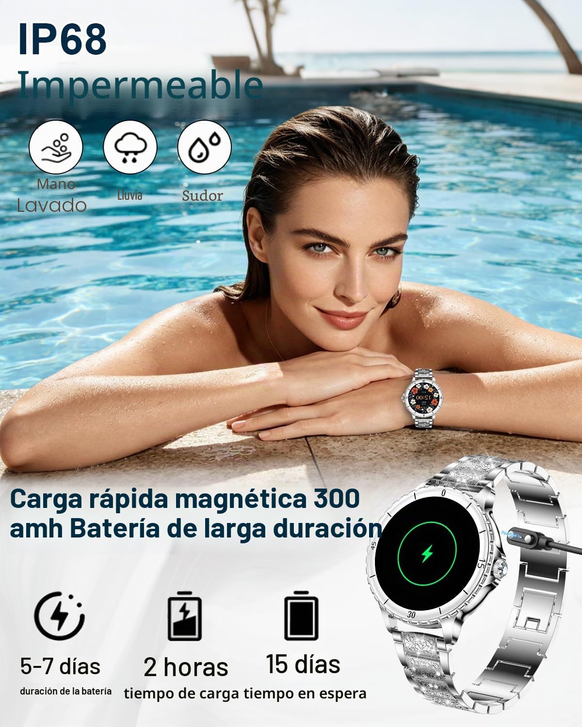 Reloj Inteligente Mujer con Llamadas, 1.27'' Smartwatch Mujer con Correa de Diamante, Compatible con Android/iOS, IP68 Impermeable Smart Watch Redondo con 120+ Deportes SpO2 Sueño Podómetro, Plata