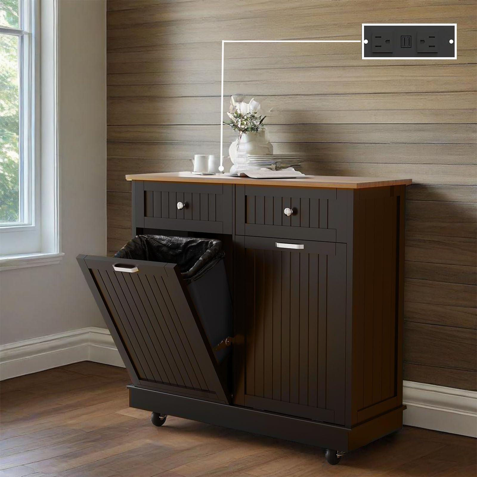 CayugaCrekrd 20 Gallon Double Wooden Kitchen Trash Can Cabinet in black with a natural wood top, featuring two tilt-out doors and a top drawer.