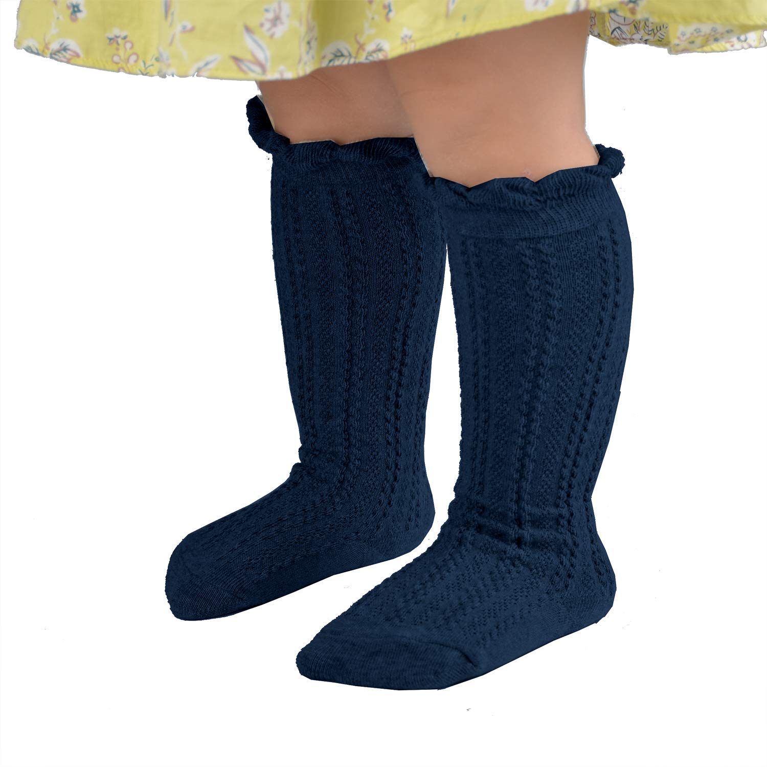EPEIUS 3 Pairs Baby Boys Cotton Uniform Knee High Socks Toddlers Boys Solid Color Tube Ruffled Stockings for 12-24 Months,Navy