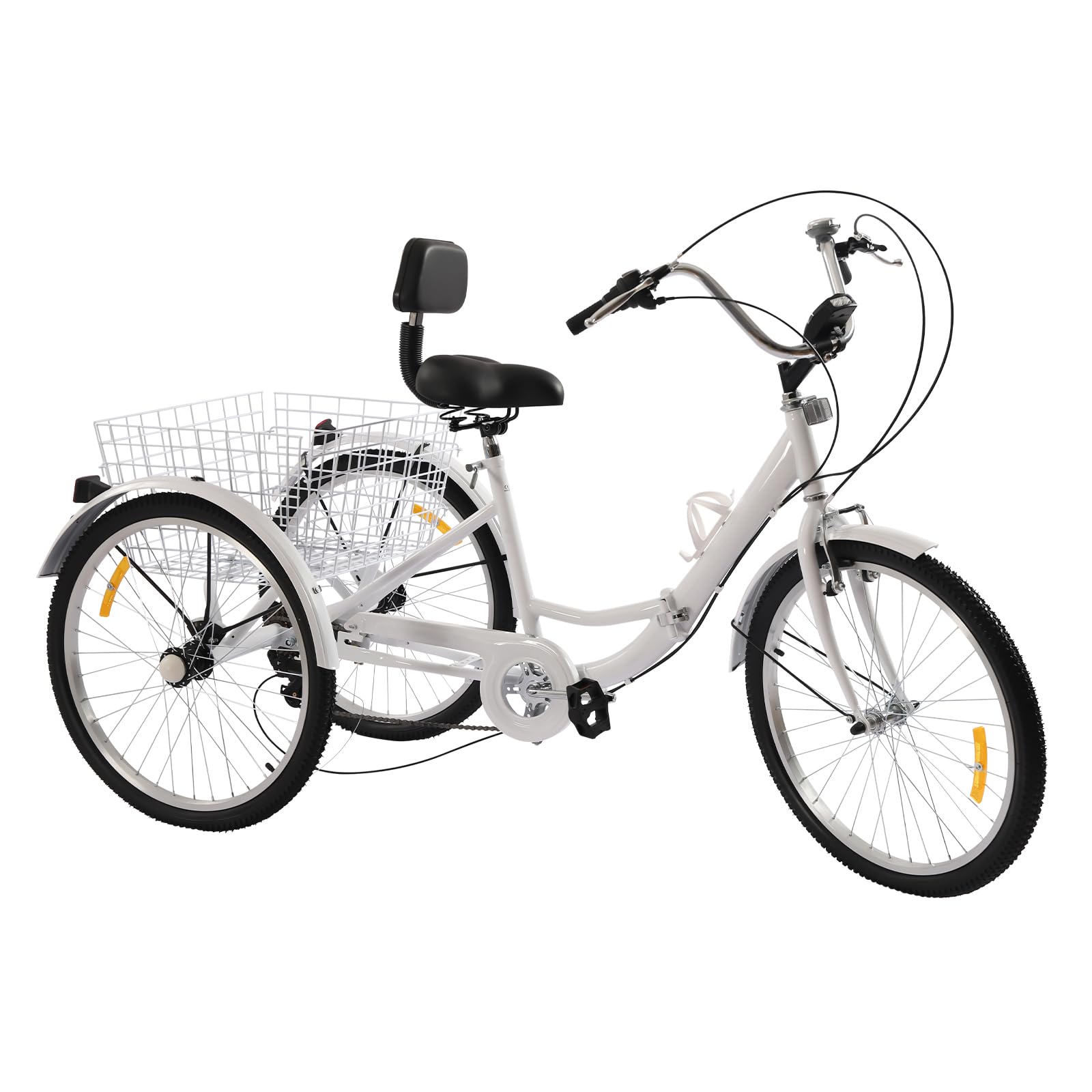 Triciclo pieghevole per adulti, 24 pollici, 7 velocità, 3 ruote, con cestino, portata 110 kg, bici da città da 175 cm, sedile regolabile, adatta per adulti, colore bianco
