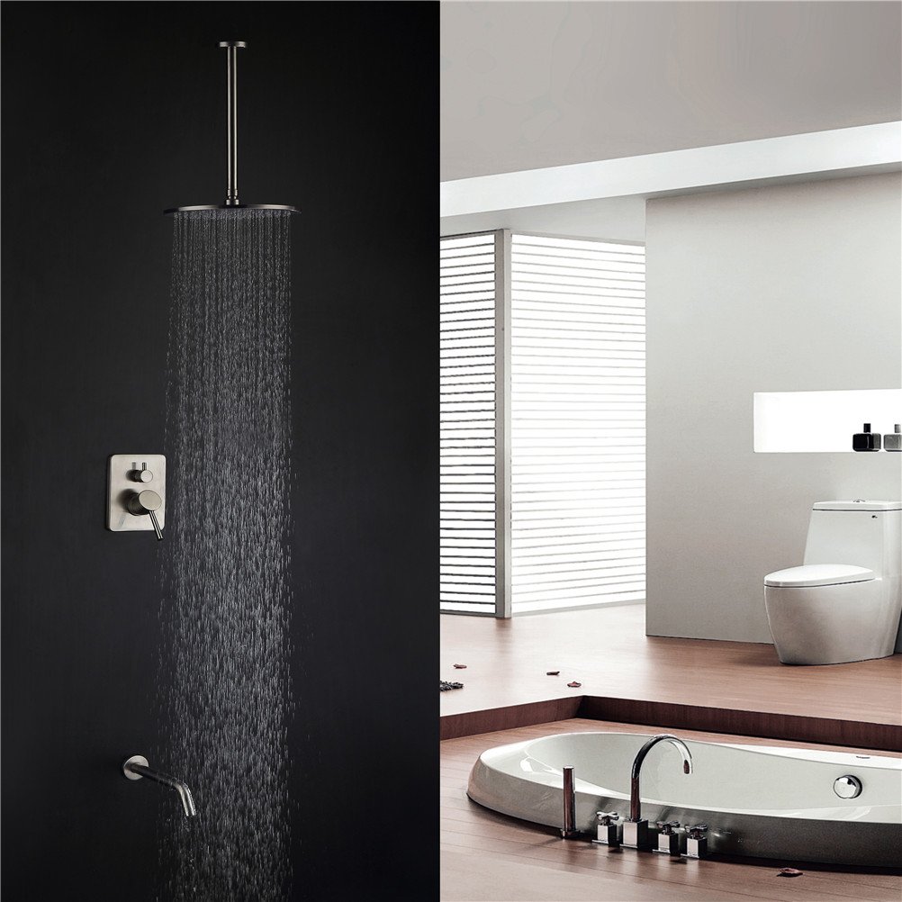 NGDFGR Antique Shower Waterfall Brushed Nickel Shower Faucet Set Ceiling Mounted 10 In Top Spray Ceramic Valve Bathroom Shower Faucet, A,E