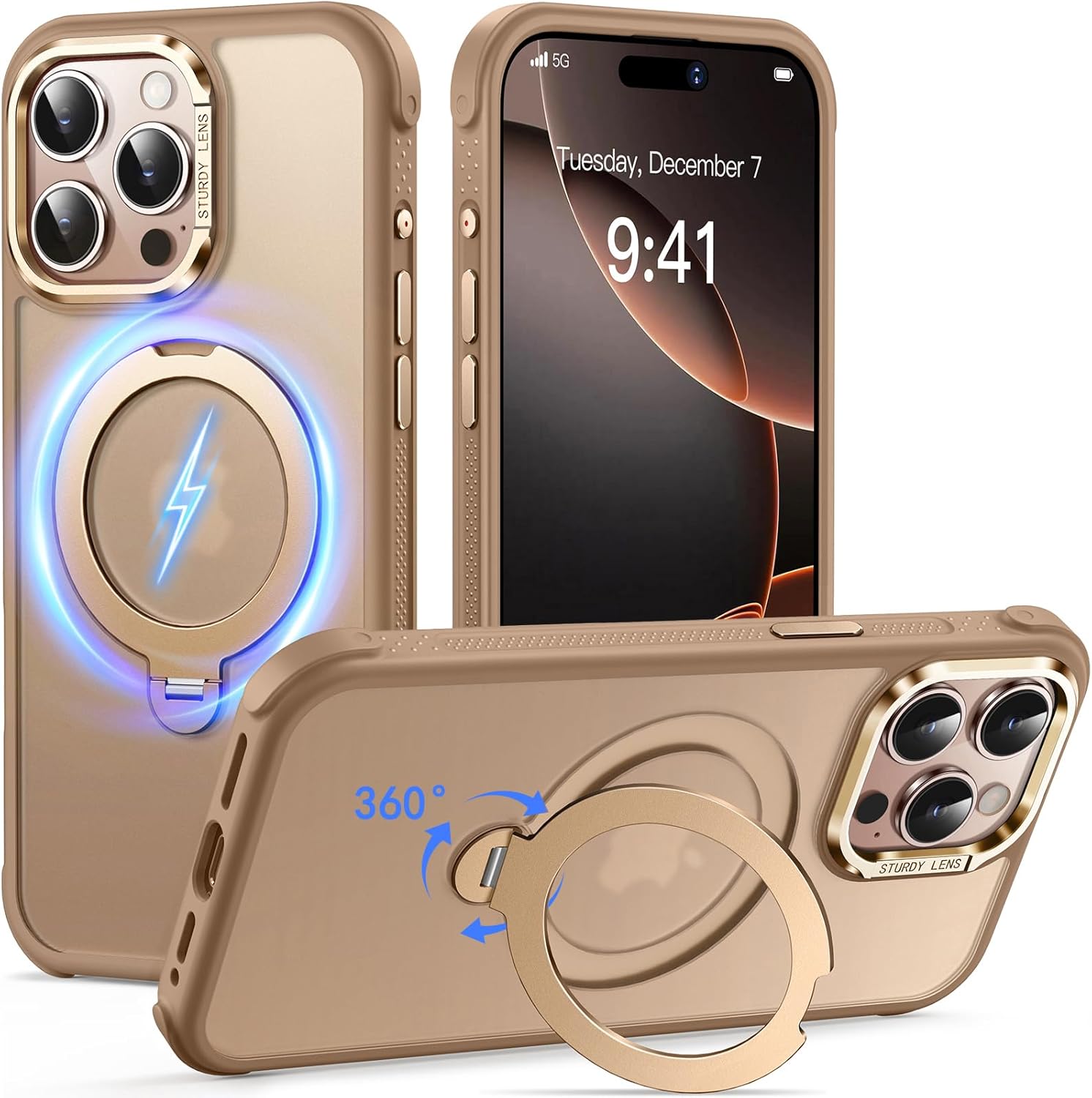 Reukdnv Magnetic for iPhone 15 Pro Max Case, Military Drop Protection, Compatible with MagSafe, Slim Translucent Matte Shockproof Protective Phone Case with 360° Spin Stand 6.7", Desert Gold
