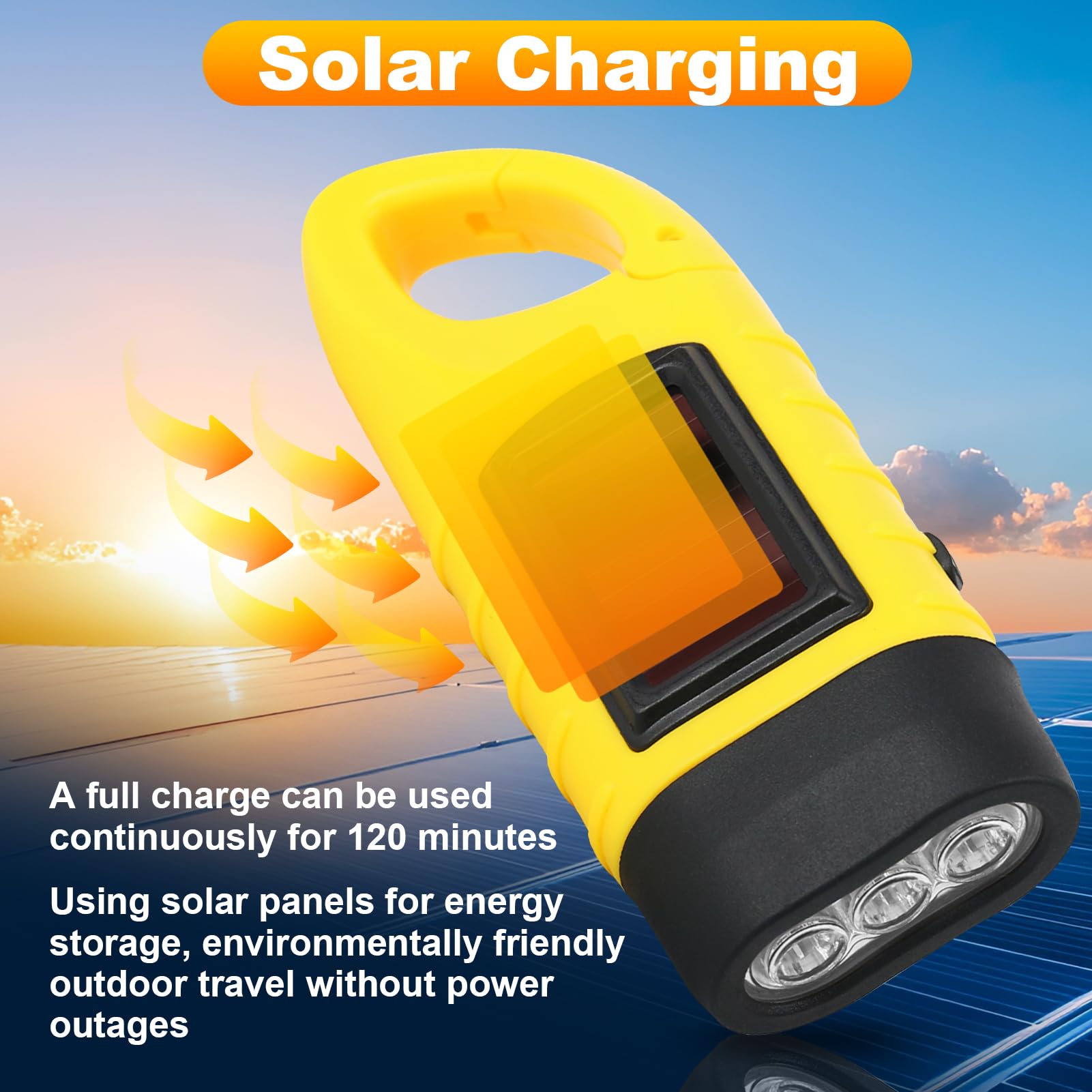 Yuio Wind Up Torch, Solar Powered Torch, LED Portable Flashlight Hand Crank with Carabiner Hook - Image 4