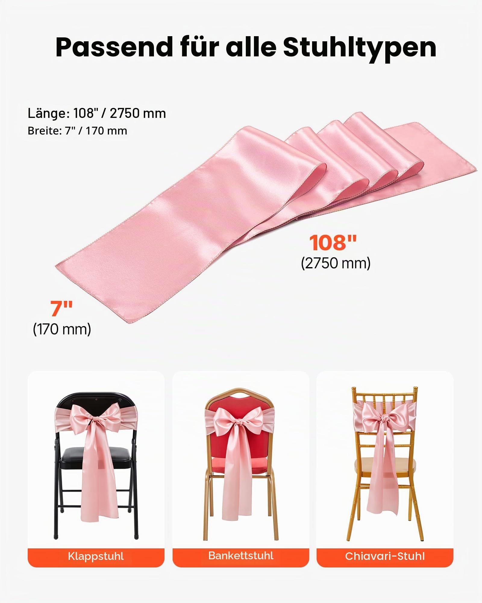 VEVOR Satin-Stuhlschärpen mit Schleifen (275x17 cm) 100 STK. Stuhlbänder zum Binden, Stuhlbänder für Hochzeiten Bankett Dekorationen Veranstaltungen Bankettstuhlbezüge, Stuhlschleifen Rosegold