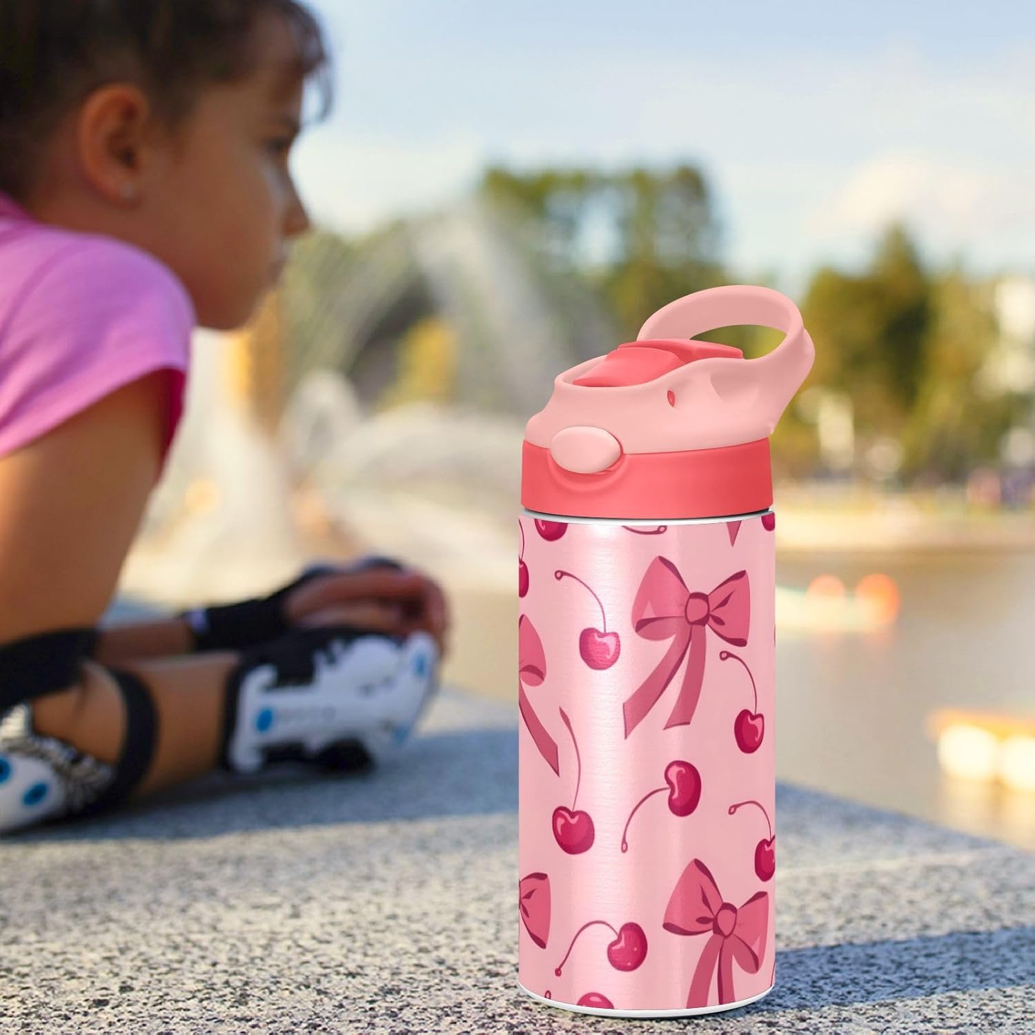 Bow Cherry Pink Kids Insulated Water Bottle, Toddlers Tumbler Travel Cup with Straw & Handle Stainless Steel Cup for Travel School Girls 12 oz - Image 2