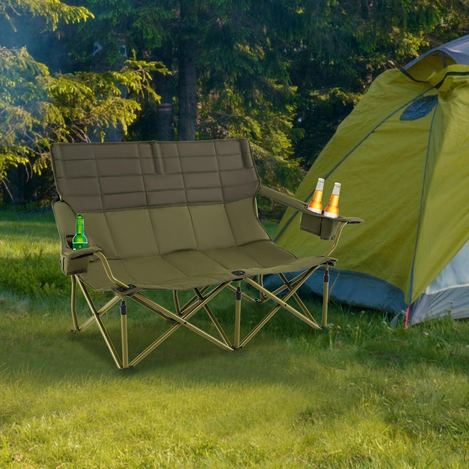 GOPLUS - Silla de camping doble, sillón de playa acolchada con portavasos, apoyabrazos ajustables, banco de camping de 2 plazas plegable para pesca, camping, picnic, playa, carga 300 kg (verde)