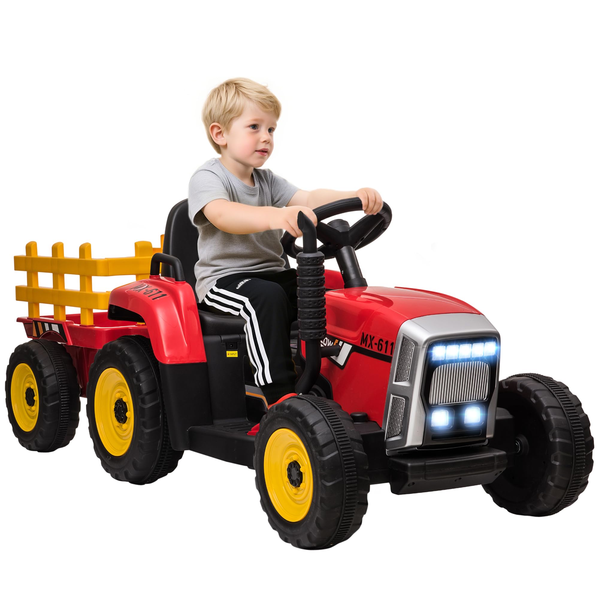 HOMCOM Trattore Elettrico per Bambini Rimorchio Rimovibile 3-6Anni Blu | Batteria 12V Ricaricabile con Telecomando, Porta USB, Musica Preinstallata e Luci