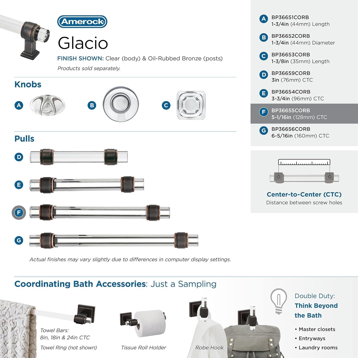 Amerock | Cabinet Pull | Clear/Oil-Rubbed Bronze | 5-1/16 inch (128 mm) Center to Center | Glacio | 1 Pack | Drawer Pull | Drawer Handle | Cabinet Hardware