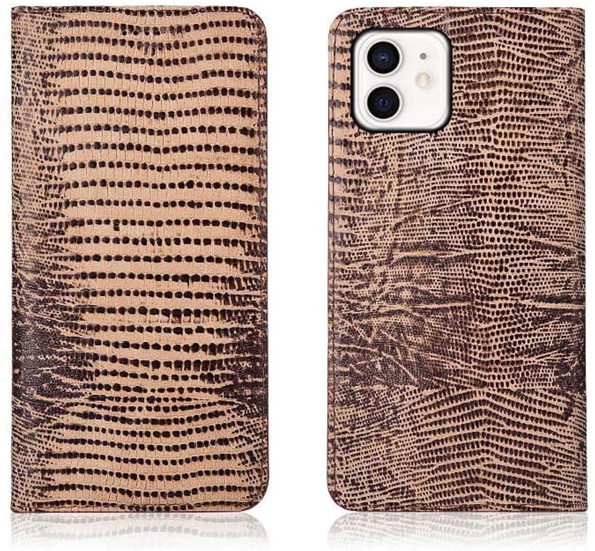 Étui à rabat iPhone 12 GUMMMY kaki avec porte-cartes en cuir motif lézard