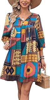 Women's Summer Casual Dresses Boho Floral Drawstring V Neck Lantern Sleeve A-Line Beach Mini Babydoll Dress - Buy now