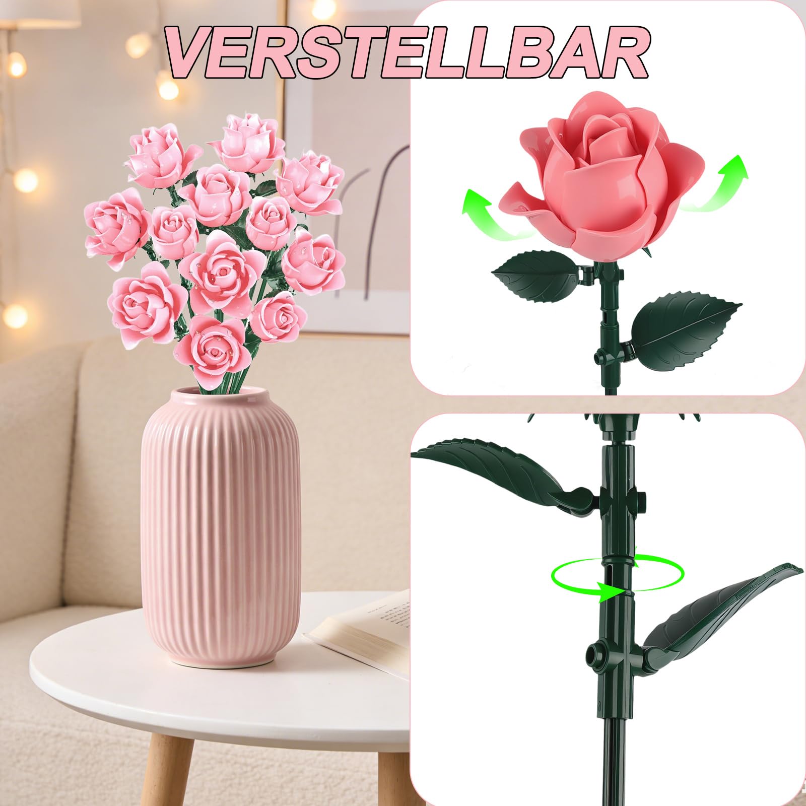 Flowers Pink Rose Bouquet Building Kit, Artificial Flowers Brick Set - Image 4