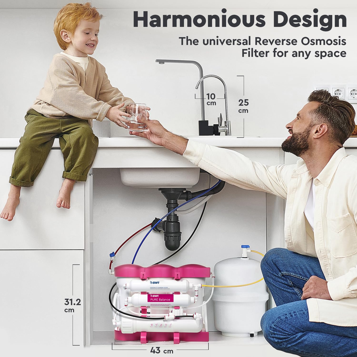 BWT Ósmosis Inversa Doméstica PURE Balance, 6 etapas, 280 L/día, elimina 99,9 % impurezas, proporción agua pura/drenaje 1:1, instalación bajo fregadero