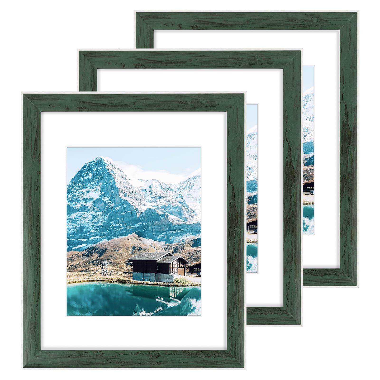 Golden State Art, 11x14 Picture Frame with Mat for 8x10 Picture - Engineered Wood Rustic Photo Frame Gallery Wall Frames - Shatter Resistant Plexiglass (Green, Set of 3)