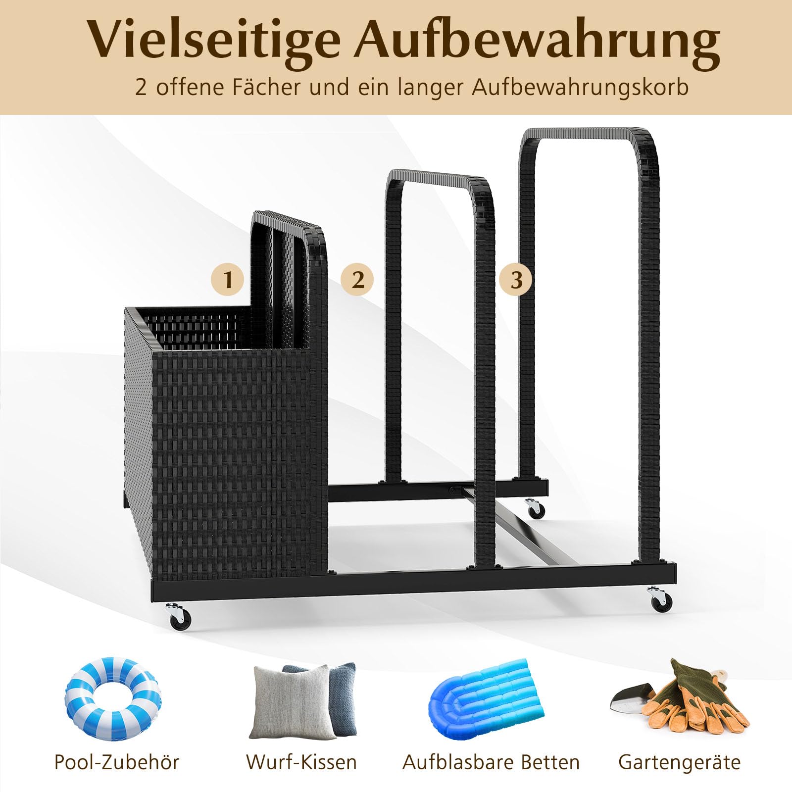 COSTWAY Pool Aufbewahrungskorb mit Rollen, PE Rattan Aufbewahrungsbehälter, Aufbewahrungsbox für Schwimmhilfen, Kissen, Rettungswesten, Strandbälle (Schwarz)