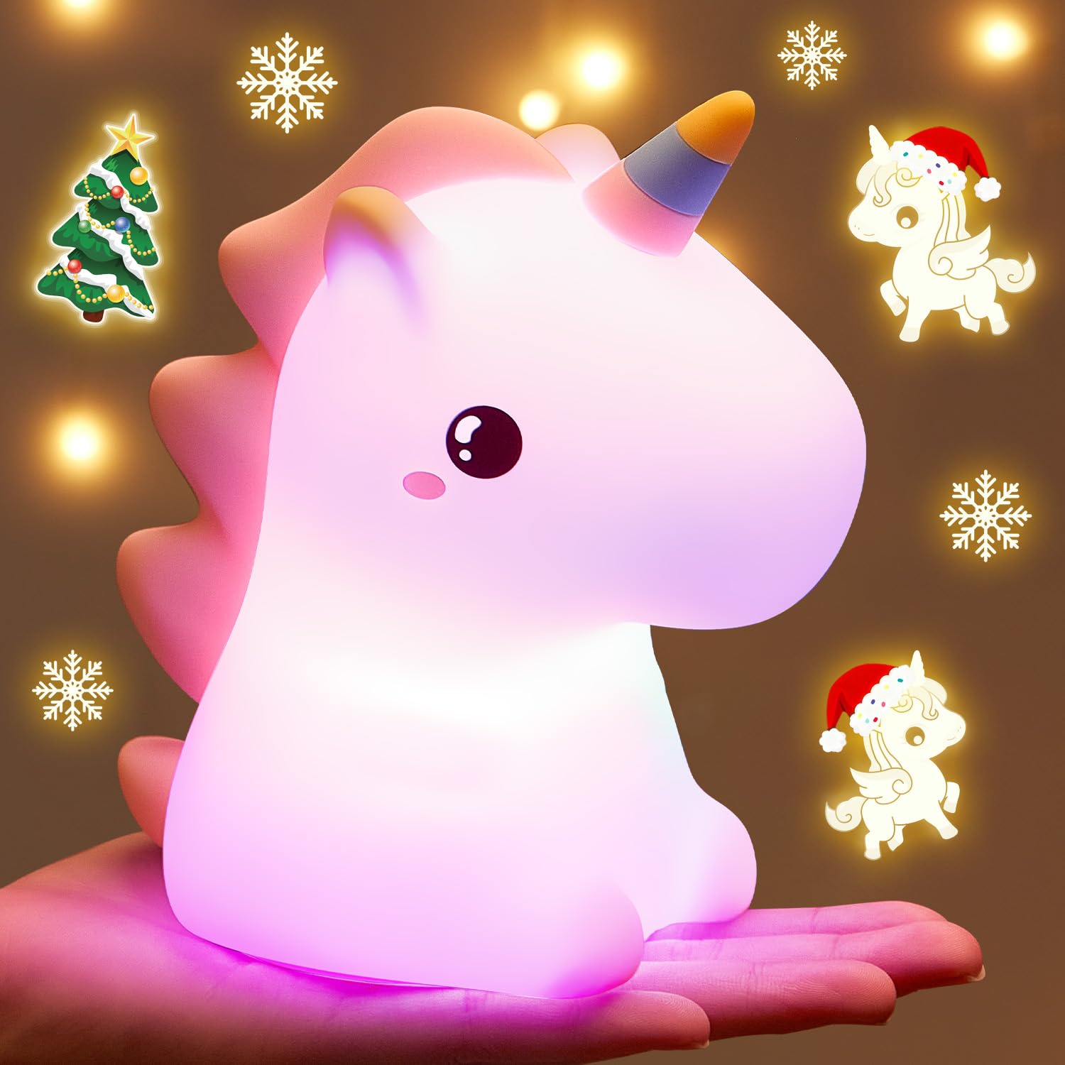 One Fire Luce Notturna Unicorno, Regalo Battesimo, 16 Multicolori Silicone Lampada per Bambini, USB Ricaricabile LED Luci Notturne per Cameretta Bambina, Regalo Neonato
