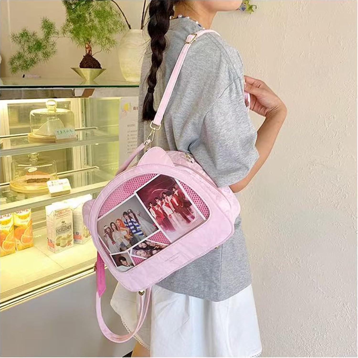 Kawaii Ita Display Crossbody Bag, Cute Cat Backpack Pin Collection Shoulder Bag with Mesh Window, Large Capacity (Pink)
