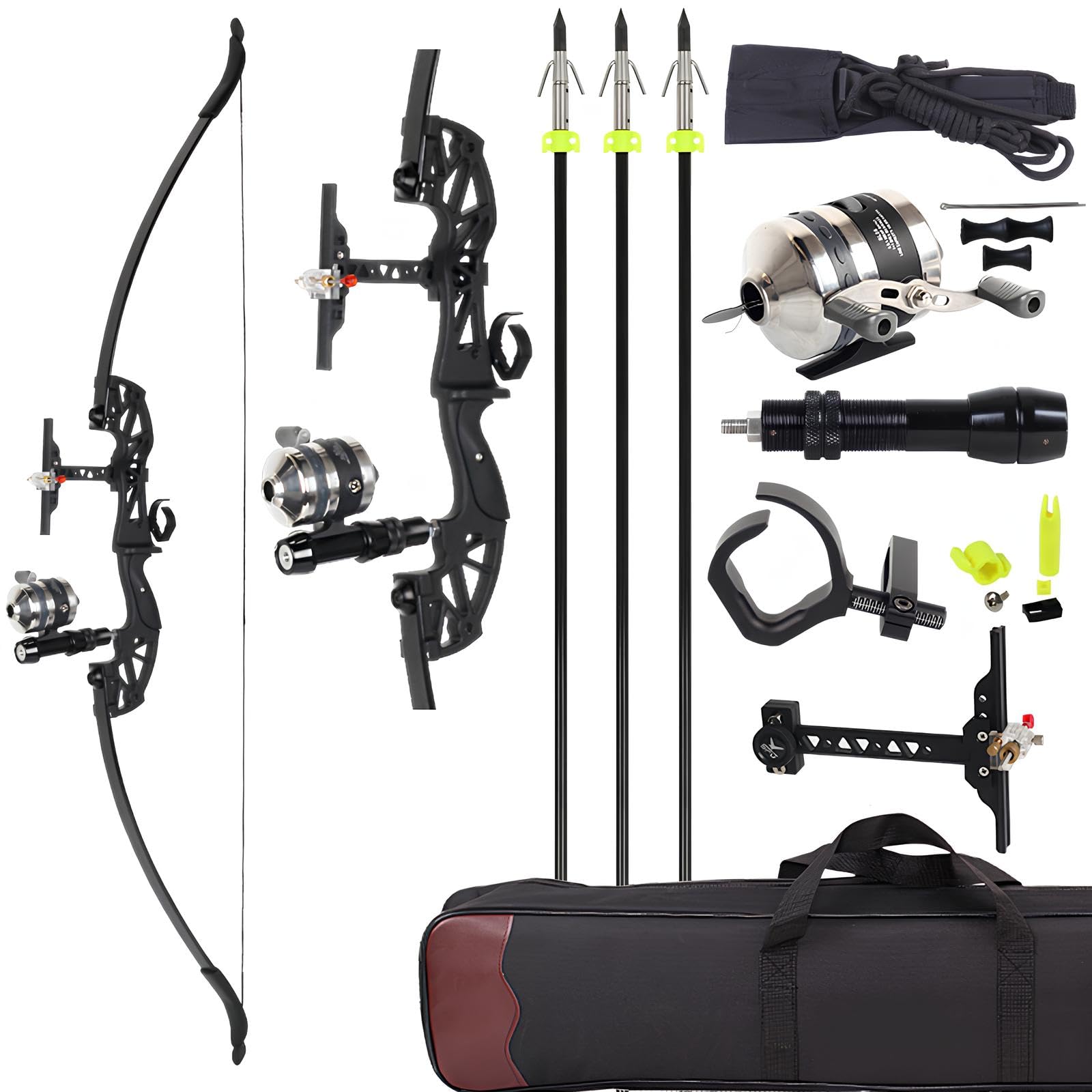 FENJANER Bowfishing Recurve Bow Kit - Takedown Ergonomic Design Recurve Bow Right Handed with Bowfishing Reel Set & Solid Fishing Arrows for Outdoor Fishing Shoot (30/40Lbs) (40 LB)