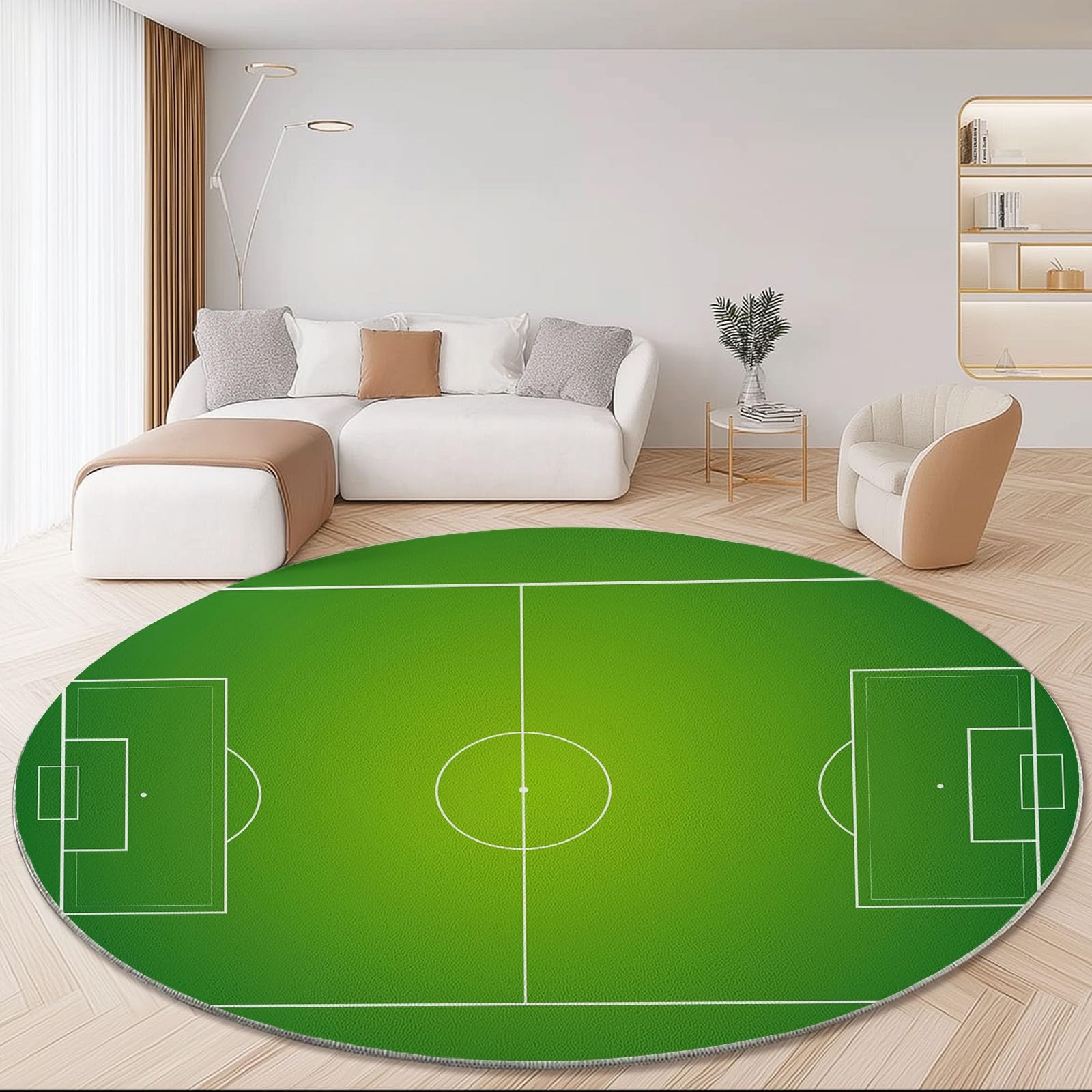 Generisch Teppich Rund Einfach Linien Fußballfeld Drucken rutschfest Waschbar Runder Teppich 150 cm für Wohnzimmer Kinderzimmer Büro Korridor, Weich Flaumig Flanell Teppiche Grün