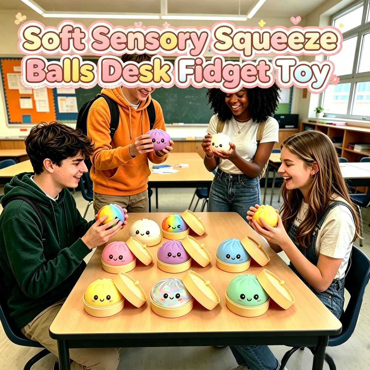 2PCS Dumpling Squishies Stress Balls,Colorful Squeeze Dough Ball Fidget Sensory Toys,Stretchy Hand Desk Toy with Food Steamer for Stress Relief Gift,Green&Blue