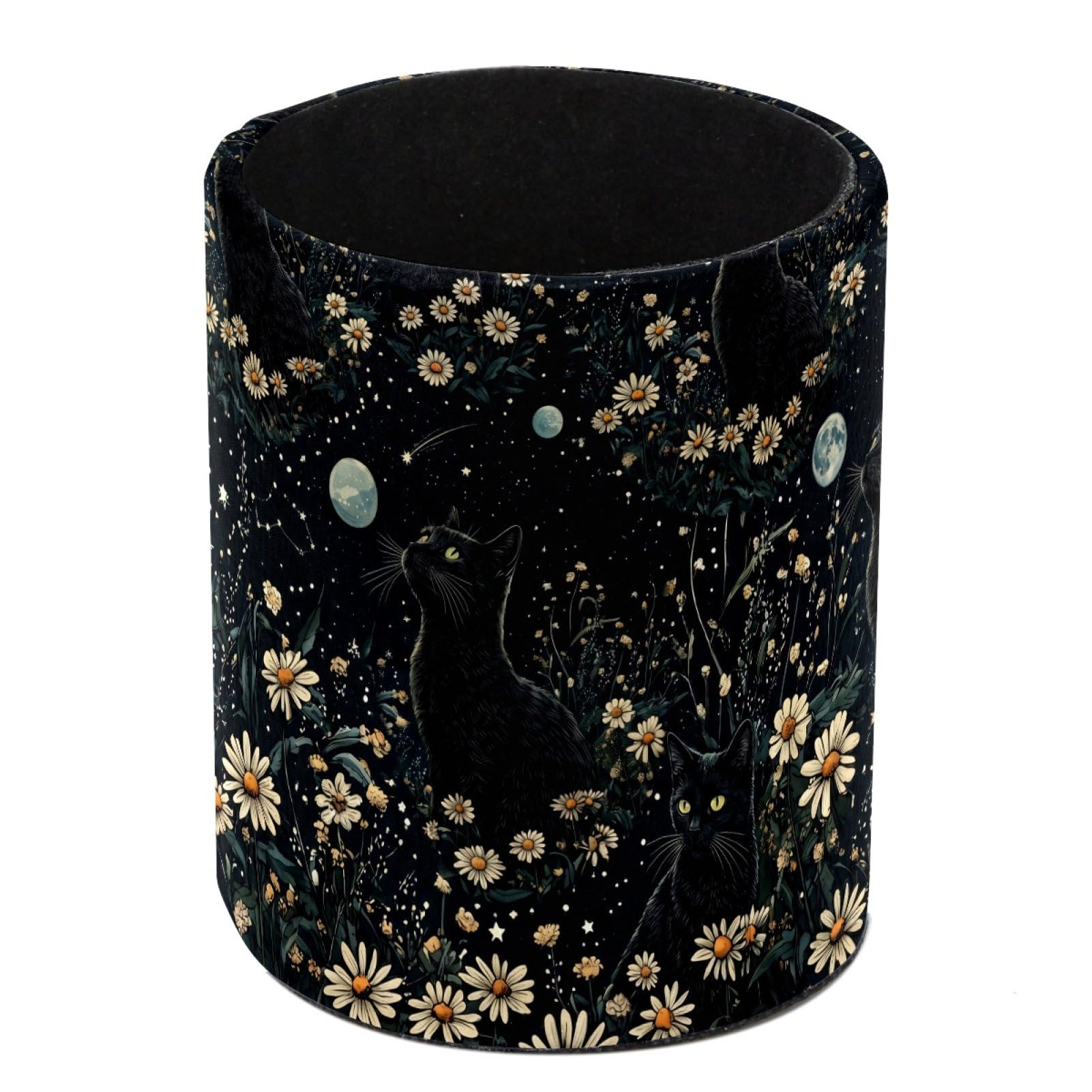 HEOEH Daisies Black Cat Pen Holder for Desk, PU Leather Pencil Holder Pen Cup Marker Holder Makeup Brush Holders, Desk Accessories & Workspace Organizers for Home, Office