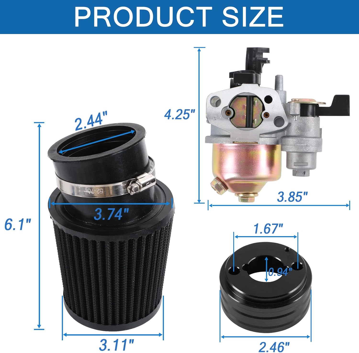 Carburetor carb Air Filter adapter Jet Kit High Performance Upgraded replacement for Coleman CT200U CT200U-EX BT200X GX160 Predator 212cc 196cc 6.5hp Engine Mini Bike Go Kart Racing Black