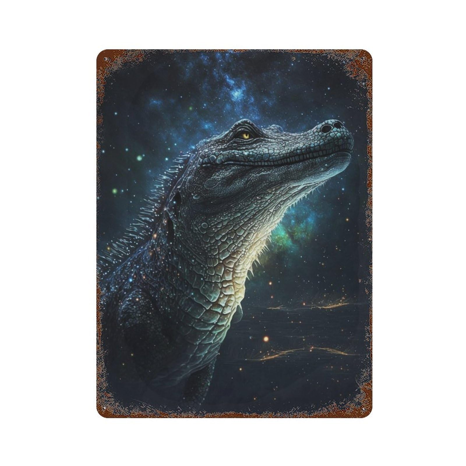 Rust Effect Galactic Crocodile Art Print-11 Aged Metal Wall Plaque 15.7"x11.8", Shabby Chic Decor for Living Room, Hallway And Home Decor