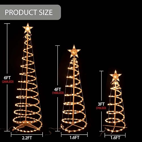 Miniatura 9 de Juego de 3 árboles de Navidad iluminados en espiral para exteriores, luces de Navidad de 3/4/6 pies con estrella de 7 pulgadas, certificación UL,