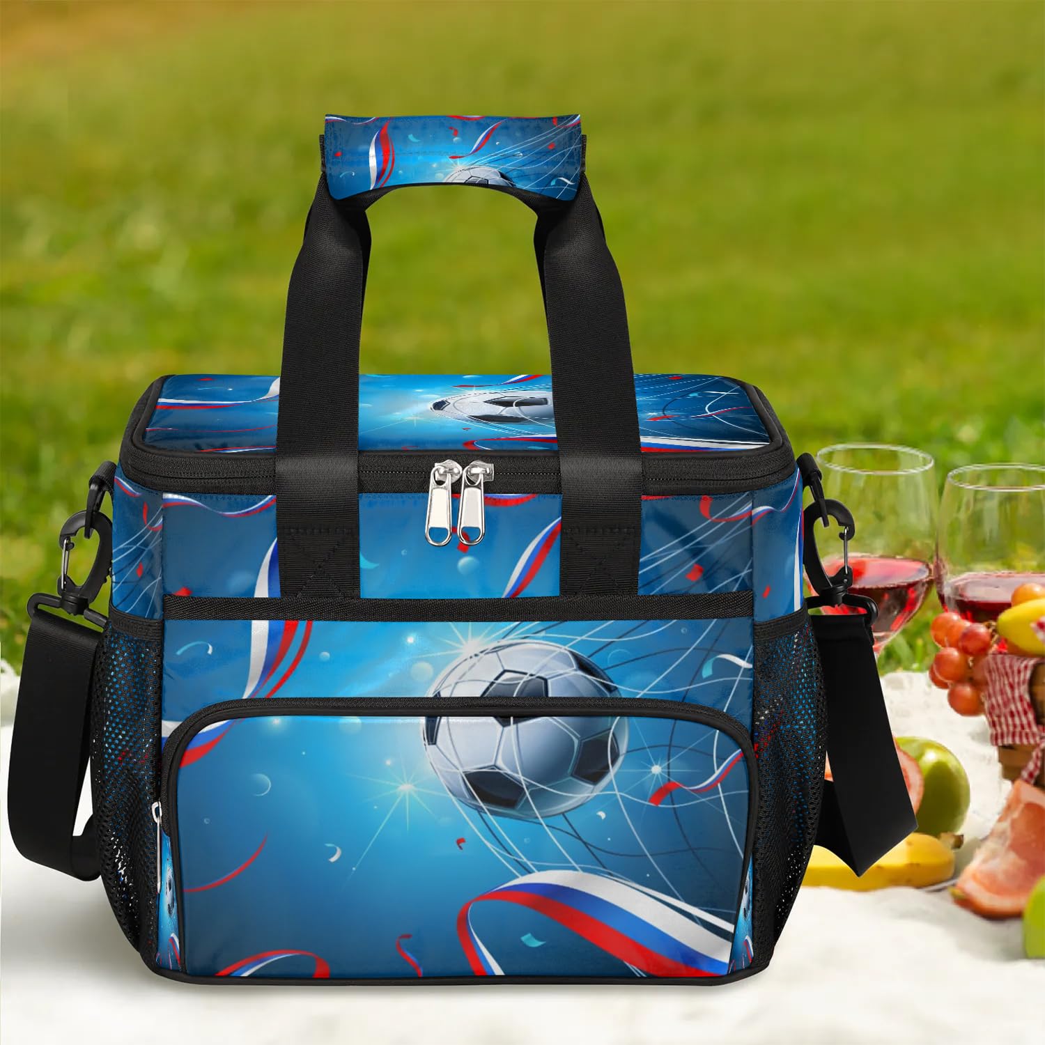 Grand sac à déjeuner isotherme pour adultes, hommes, femmes, enfants, filles, garçons, motif ballon de football, drapeau russe, sac isotherme pour le travail, le pique-nique, le barbecue