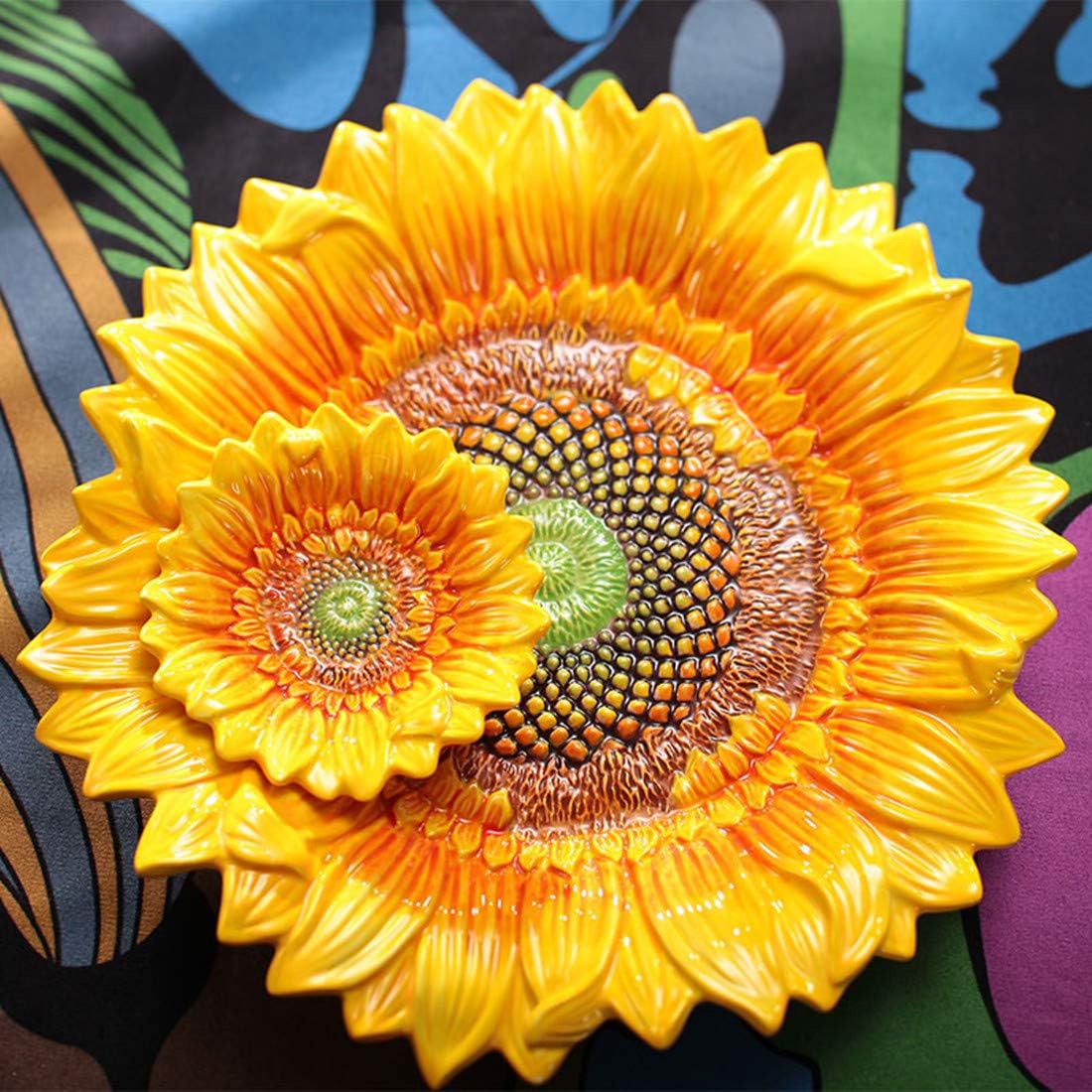 Ceramic Chip & Dip Platter,11 inches Double Layer Hand-painted Yellow Decorated Plate -Sunflower