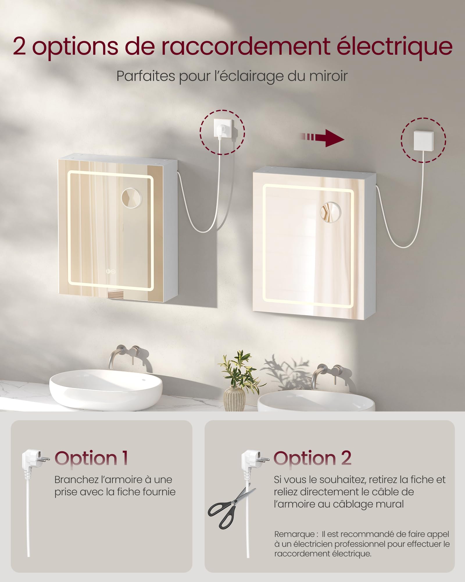 VASAGLE Kailyn Collection - Armoire Murale Salle de Bain avec Miroir, avec LED, Multiprise, Fonction Anti-buée, Miroir Grossissant 10x, Style Moderne, 16,5 x 50 x 60 cm, Blanc BBK133W01