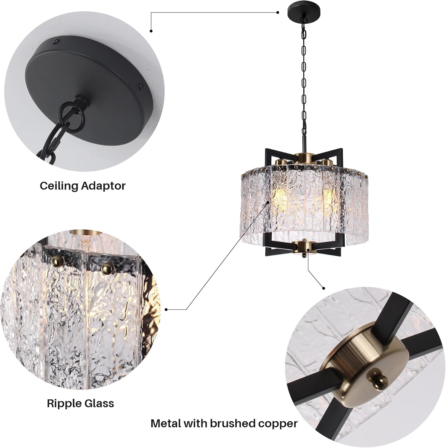 Chandelier components including ceiling adaptor, ripple glass, and metal frame
