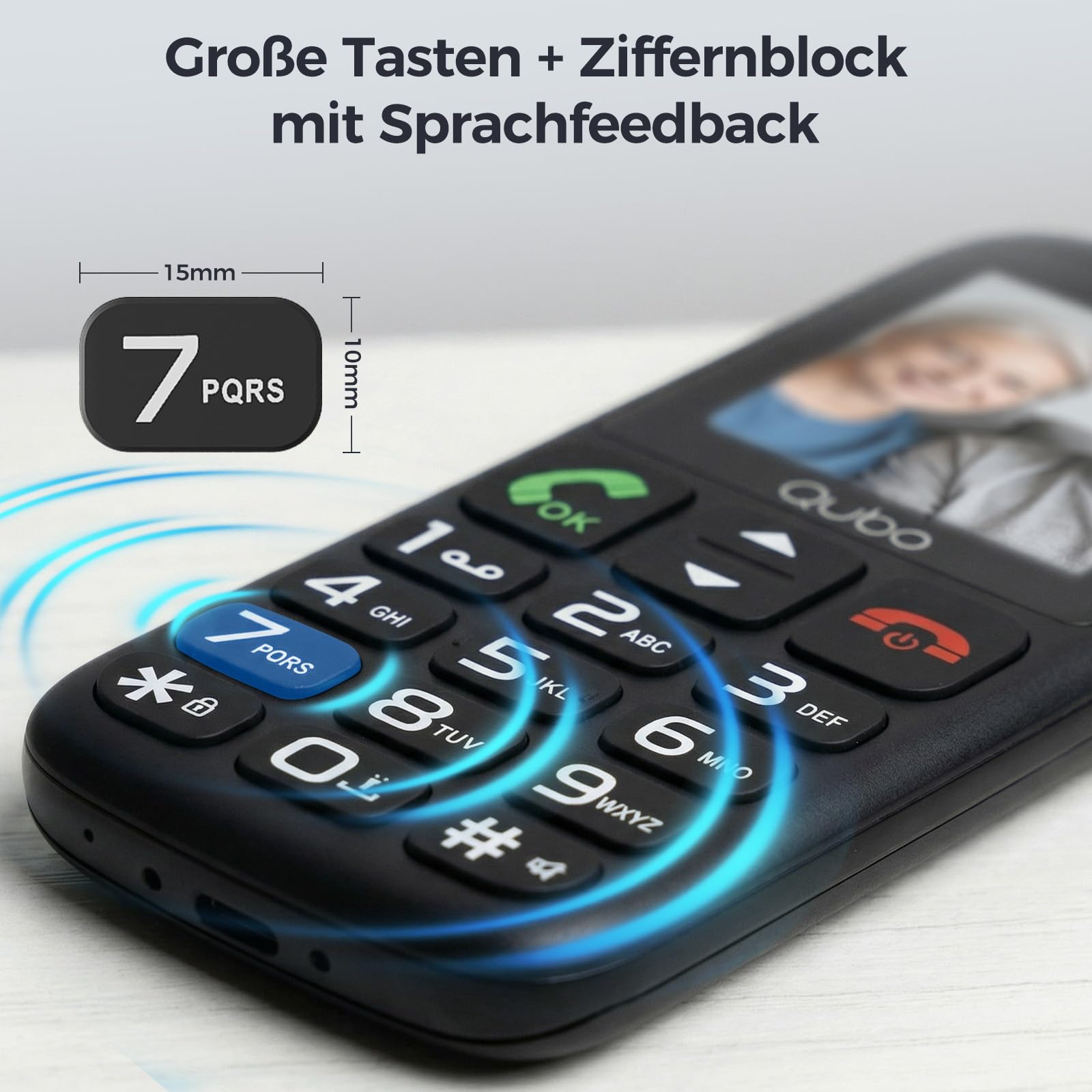 Qubo 4G Seniorenhandy ohne Vertrag |mit SOS-Notruftaste | Rentner Handy Große Tasten | Taschenlampe | Dual-SIM| USB-C | Tastenhandy mit Ladestation | 1,77 Zoll Farbdisplay