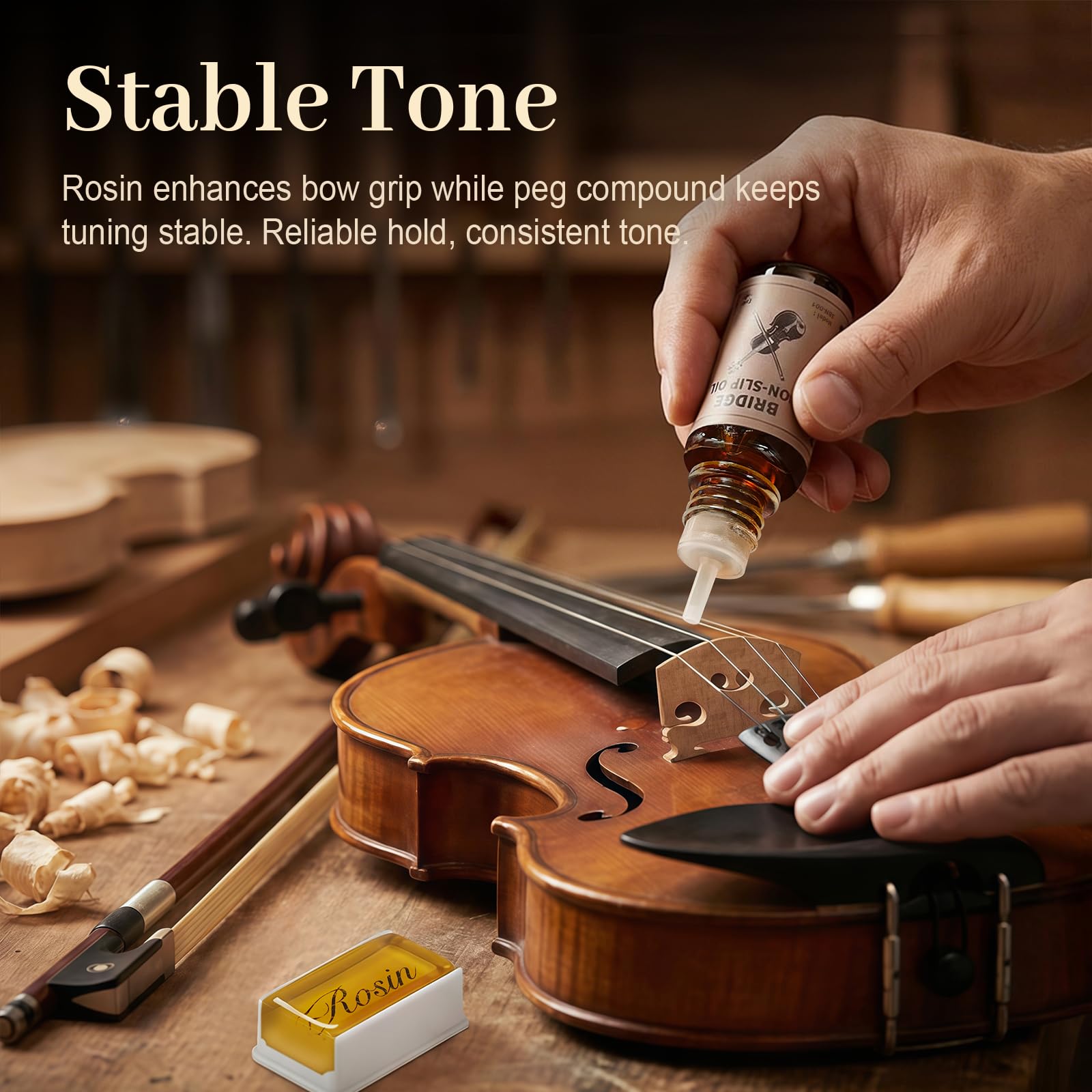 Kit d'entretien pour violon et alto – Kit de nettoyage et de maintenance pour instruments à cordes, incluant colophane, huile protectrice, huile antidérapante pour chevalet et chiffon de nettoyage