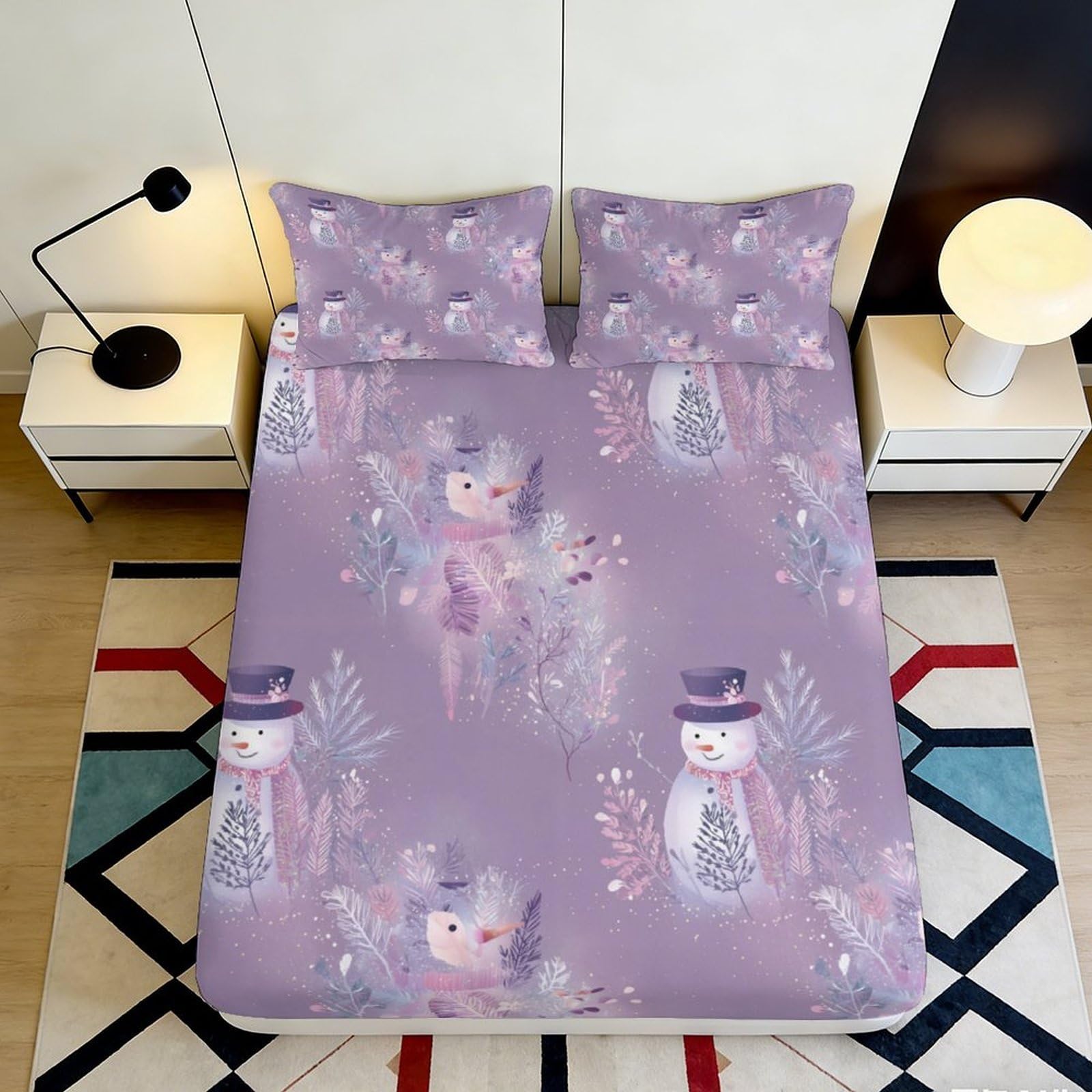3D Printed Snowman Forest Fitted Sheet Microfiber Soft Purple Winter Bird Mattress Cover for Bedroom Guest Room 180x200x25cm