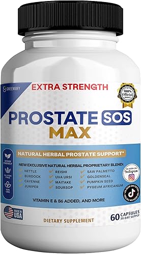 Suplemento SOS Max para próstata, 60 cápsulas, complejo herbario natural con palma enana, vitamina E, B6, suministro para 30 días (1)