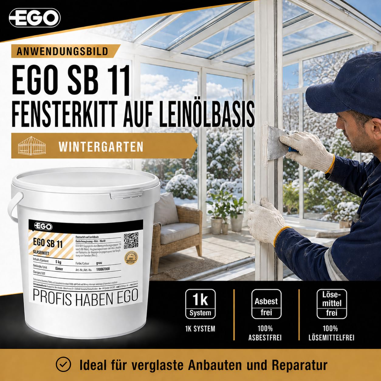EGO SB 11 Fensterkitt GRAU - 25 kg Metallkübel - Dichtmasse auf Leinölbasis für Einfachverglasung in Holz- und Metallrahmen, lösemittelfrei & asbestfrei