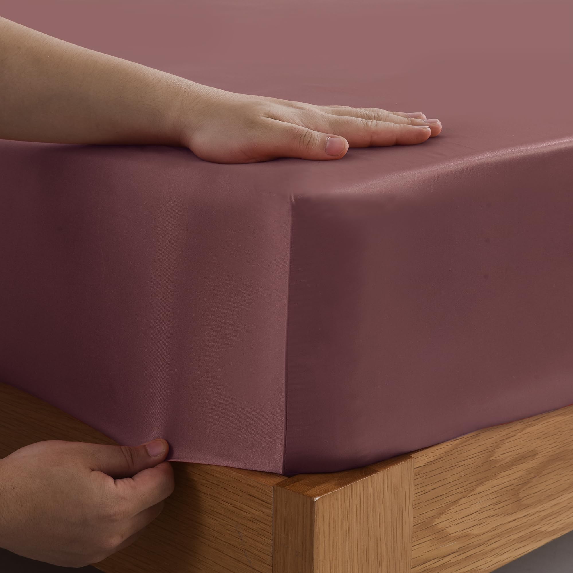 ROOEE Satin Silk Fitted Sheet with Pillowcase Set Breathable Soft Bedding Brushed Fabric Wrinkle - Image 3