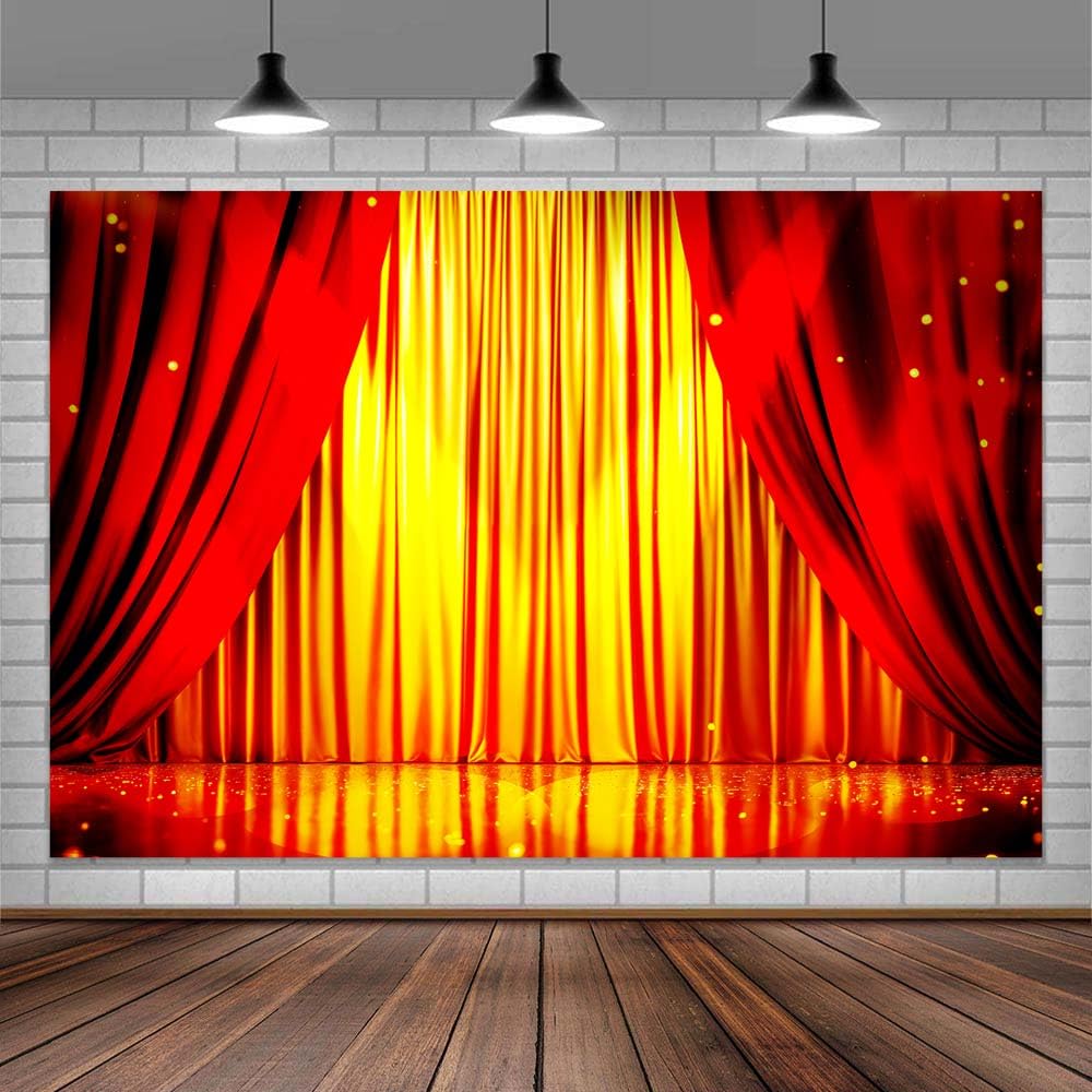 15X10ft Red Golden Theater Stage Curtains Photo Backdrop Photography Background, 3D Sing Talent Show Carnival Birthday Backdrops Photo Booth Prop