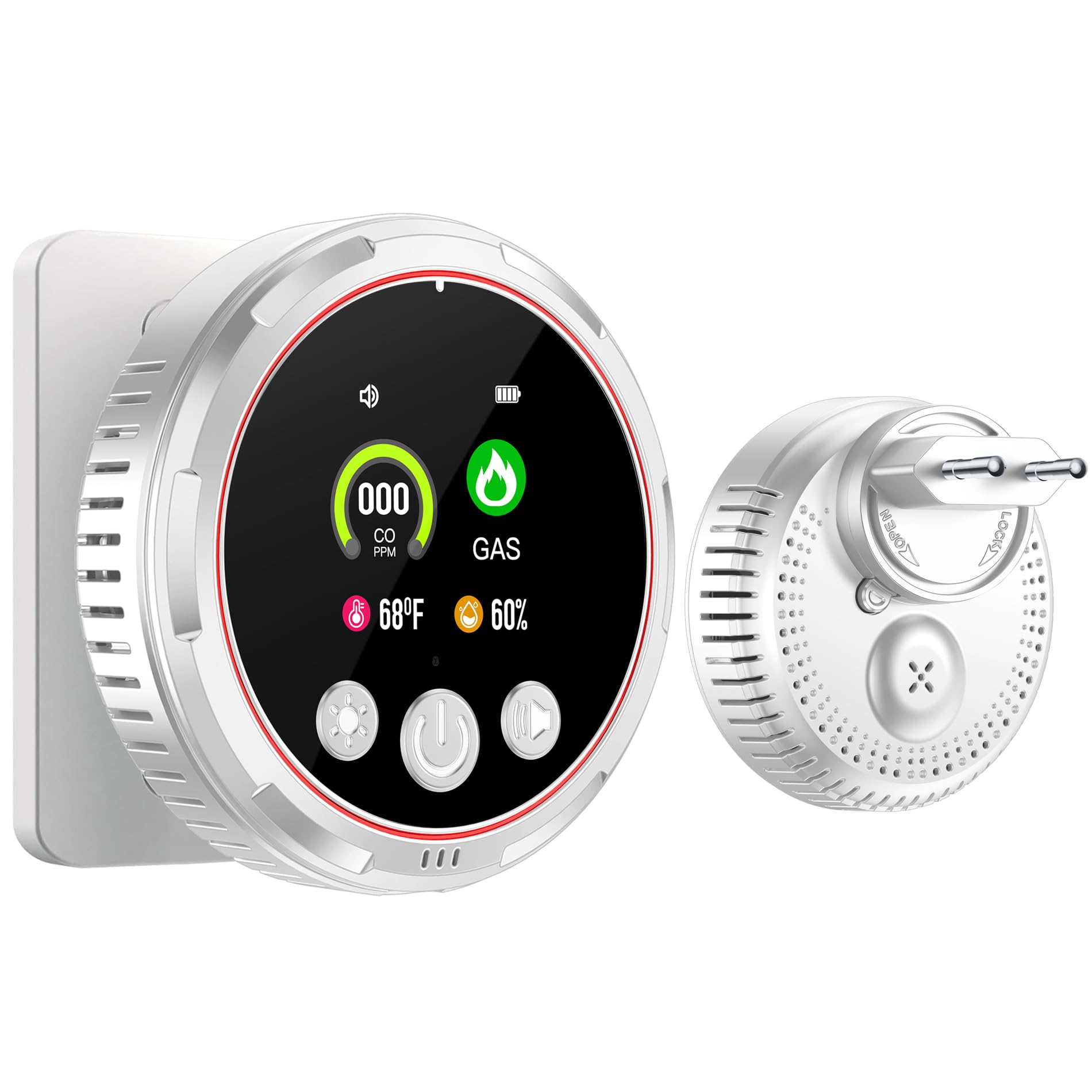 Plug-in 4-en-1 Detector de Monoxido de Carbono & Combustible Gas Combinación con Batería de Respaldo 1000mAh & HD Pantalla [CO Gas Humedad Temp Alarma] Blanco, HD13-CG