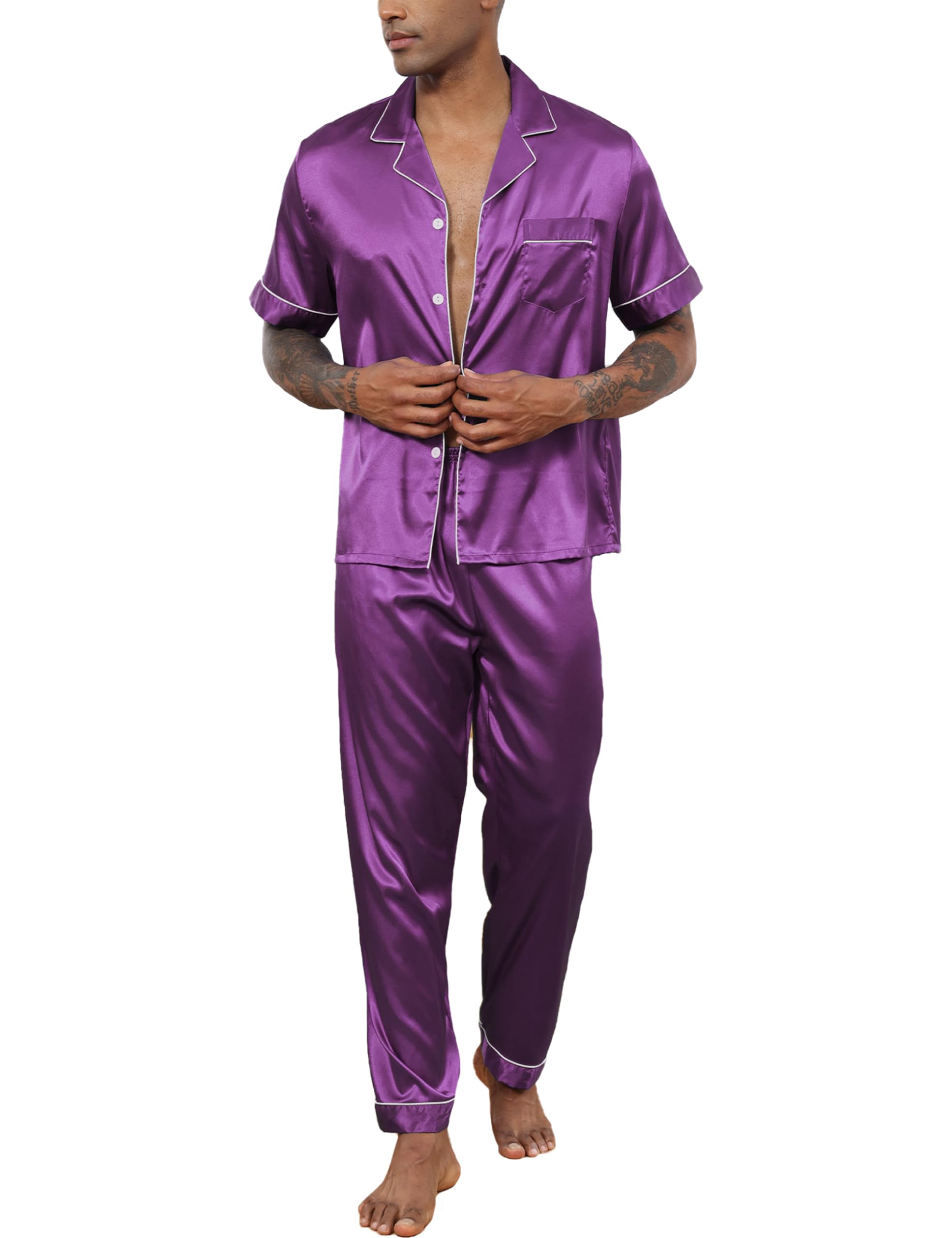 GAESHOW Mens Silk Pajama Set, Short Sleeve Silk Satin Pajamas for Men Soft Mens Loungewear Sets 2 Piece Button Down Pjs Set