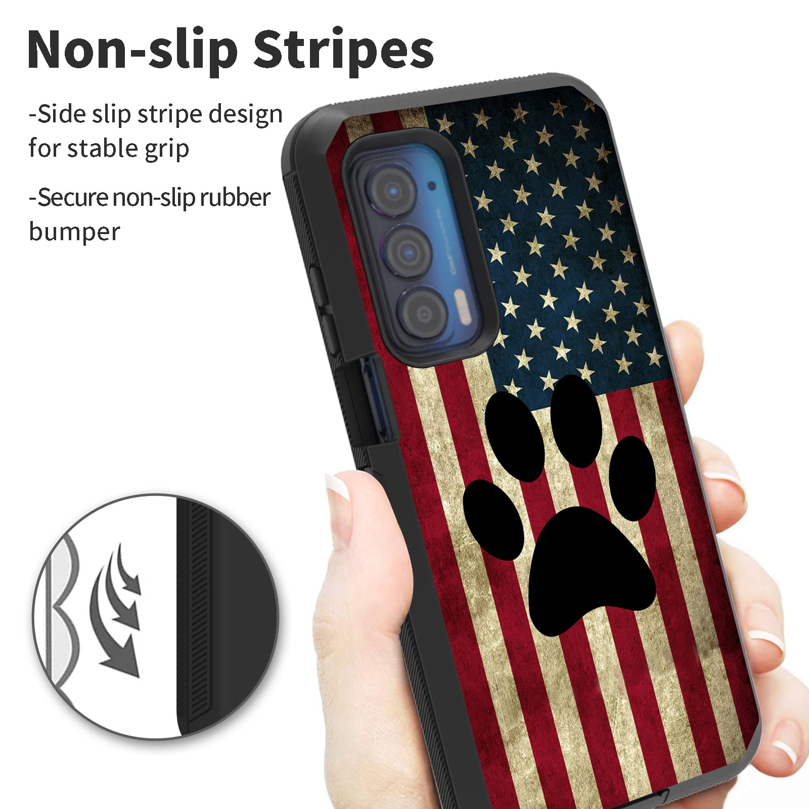 Case for Motorola Edge 2021 / Moto Edge 5G UW, Heavy Duty Drop Protection 3 Layers Hybrid Shockproof Rugged Cover Cases with Belt Clip Holster for Moto Edge 2021, Dog Paw American Flag