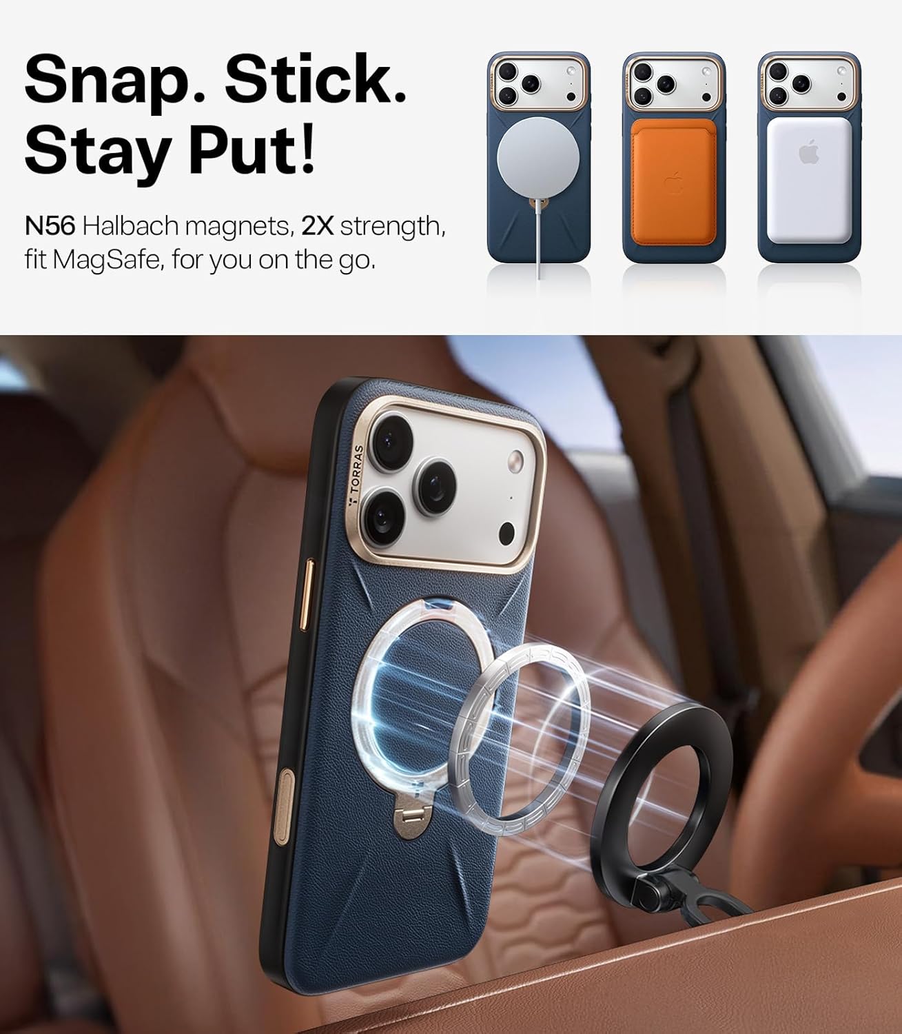 TORRAS Organic Leather for iPhone 17 Pro Case with Stand, Fit for Magsafe, 360 Spin Kickstand with Camera Control, Premium Leather Durable Stylish Q3 VegSkin for iPhone 17 Pro Phone Case, Deep Blue - Image 5