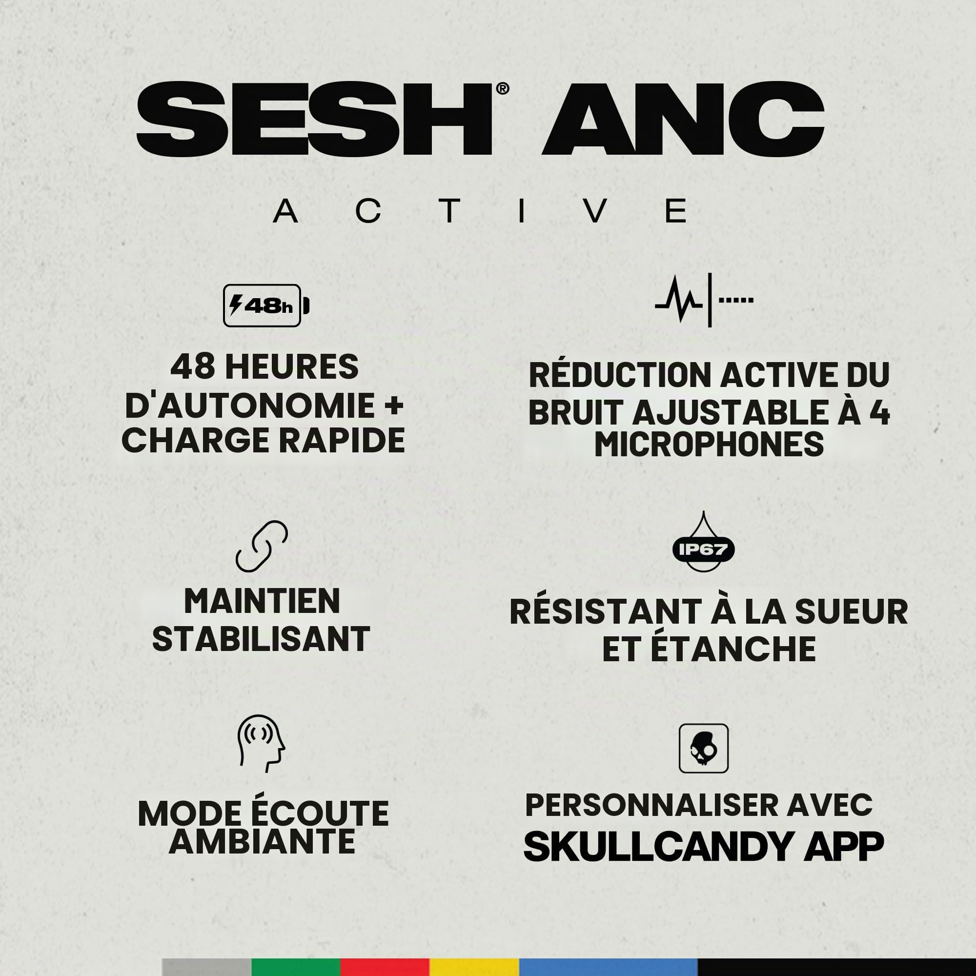 Skullcandy Écouteurs Intra-Auriculaires sans Fil avec Suppression du Bruit Sesh ANC Active, Autonomie 48 h, Imperméabilité IP67, Micro, Fonctionnent avec Appareils iPhone, Android - True Black/Orange