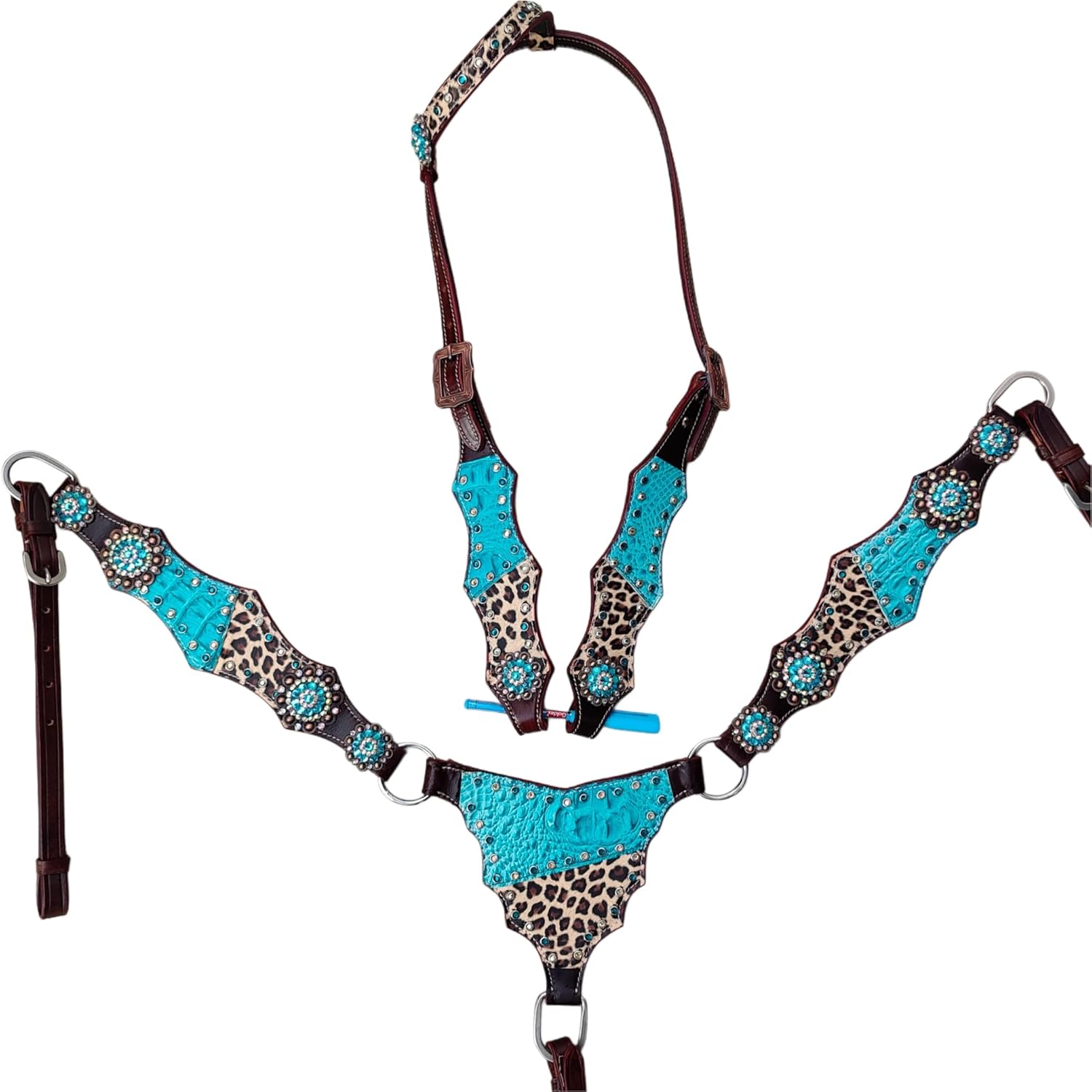 Western Leather Tack Set for Horse | Turquoise with Cheetah Gladiator Tack Set