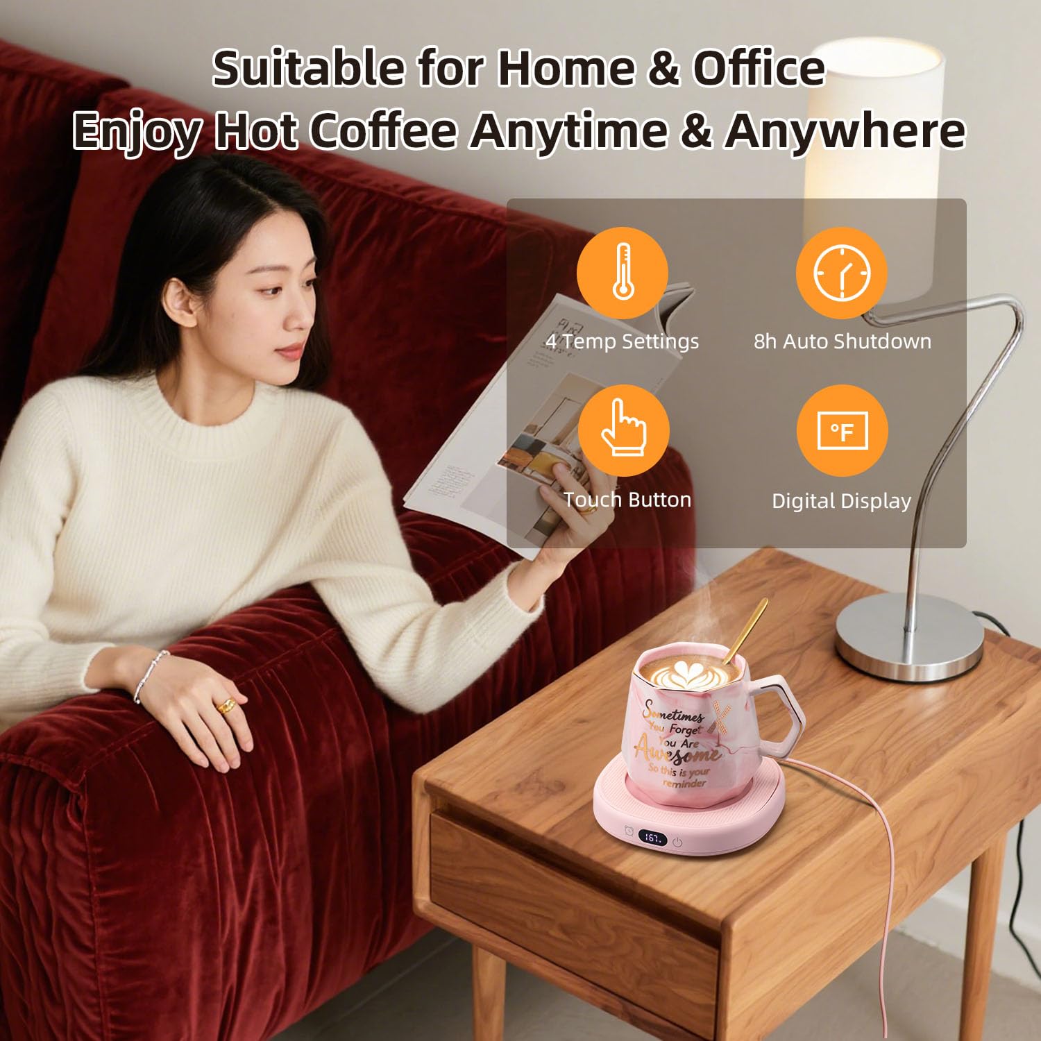 Juego de tazas de café con calentador de tazas y tazas inteligente con calefacción para computadora, oficina, 4 calentadores de té y café, 8 horas de apagado automático, regalo ideal para mujeres
